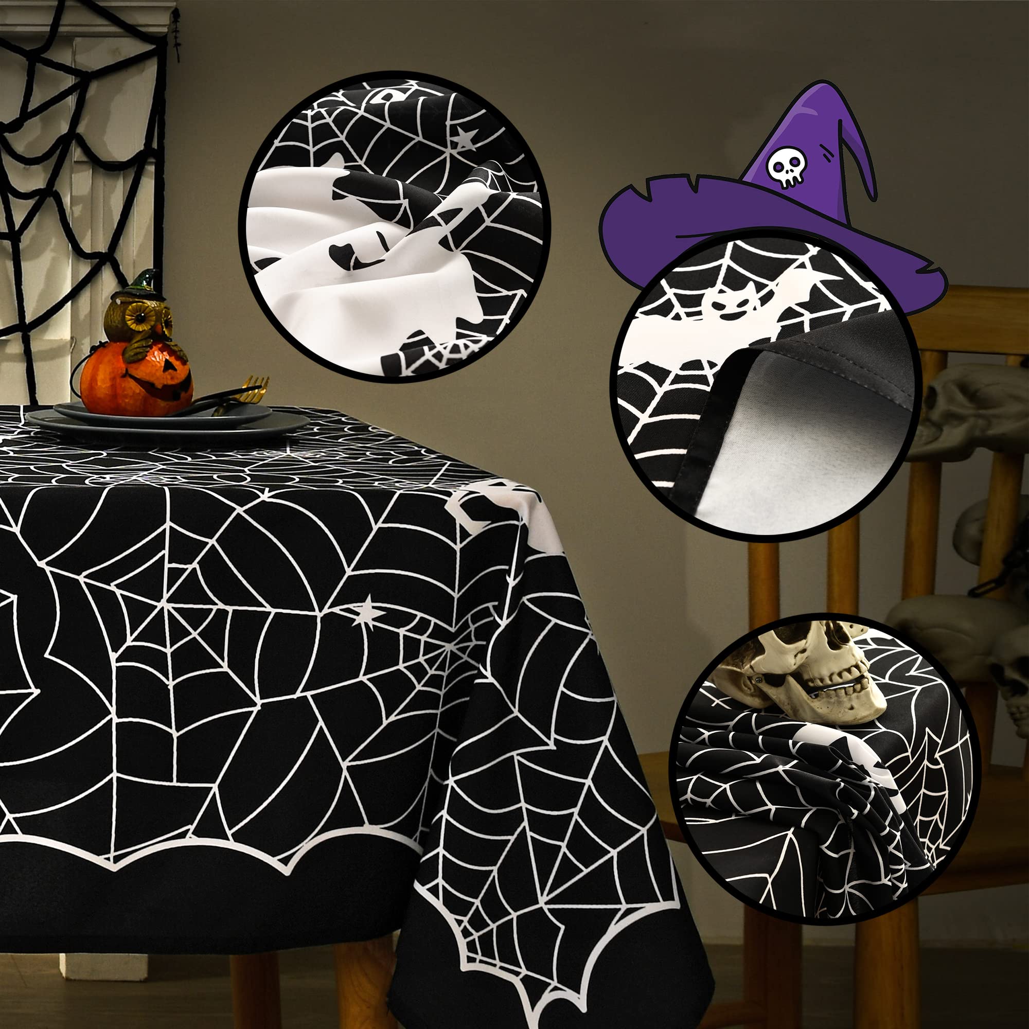 Mikiup Rectangle Halloween Tablecloth - Spider Web Decorative Holiday Table Cloth, Waterproof And Washable Table Cover For Party