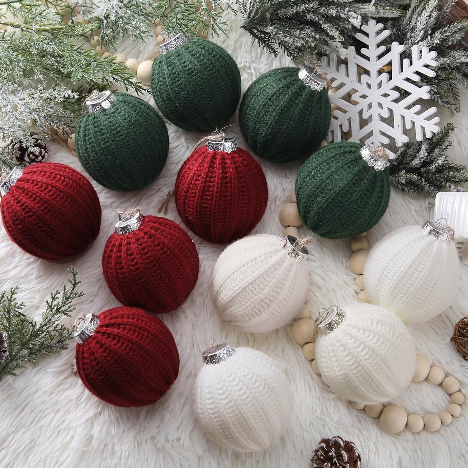 VioraWhite 12 Pcs Red and Green Christmas Ornaments, 3.15 Inch Boho Farmhouse Crochet Christmas Balls Modern Handmade Woven Knit