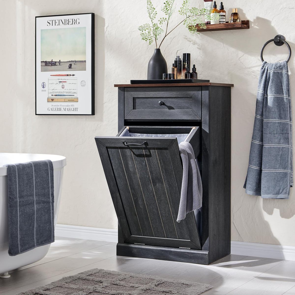 Ifbuy Tilt Out Laundry Hamper Cabinet, 10 Gallon Farmhouse Trash Can Cabinet With Drawer, Hidden Wood Garbage Can Bin Cabinet Wi