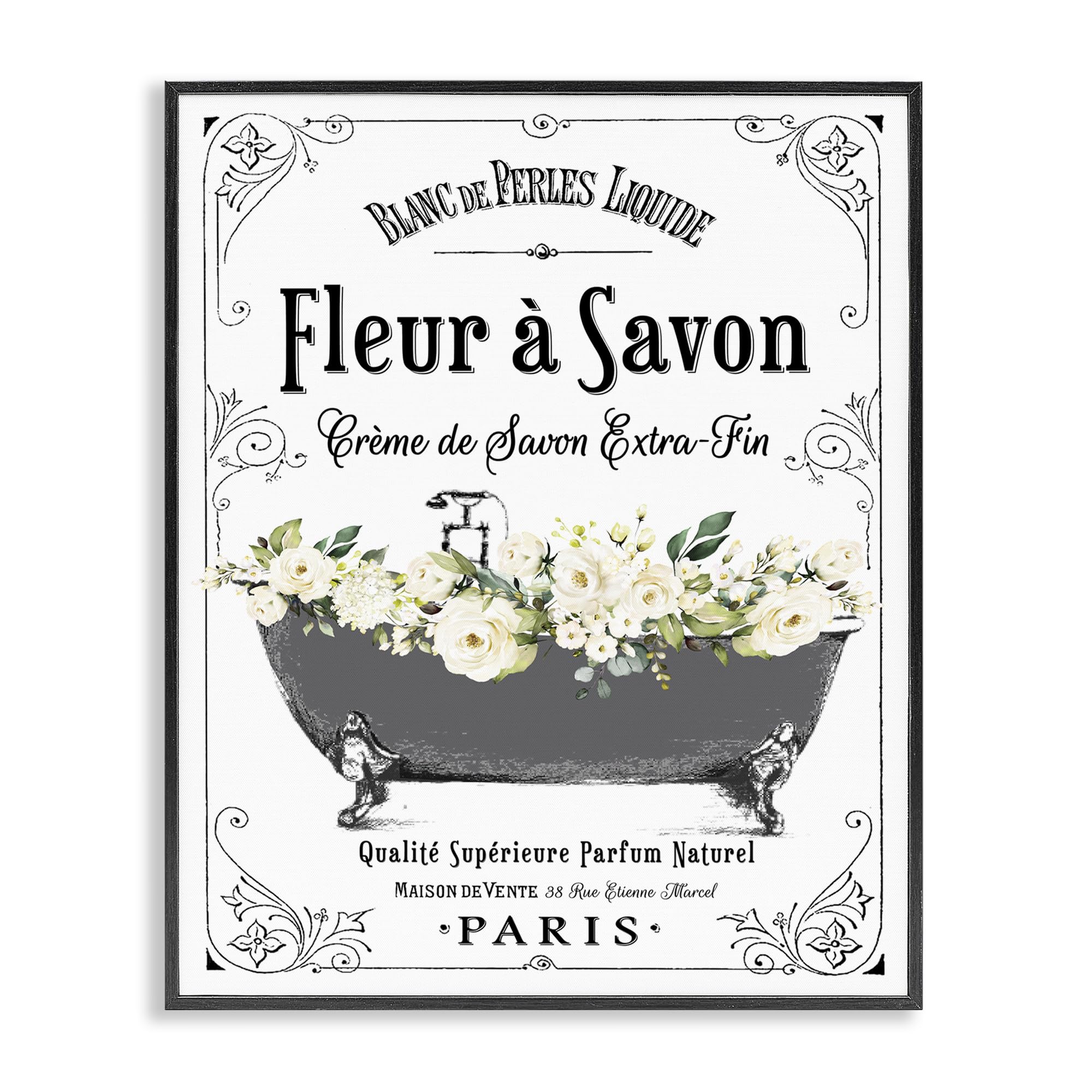 Stupell Industries Fleur a Savon Vintage Parisian Bathroom Floral Tub, Framed Giclee Art, Black, 11 x 14 Inches, Easy to Hang 