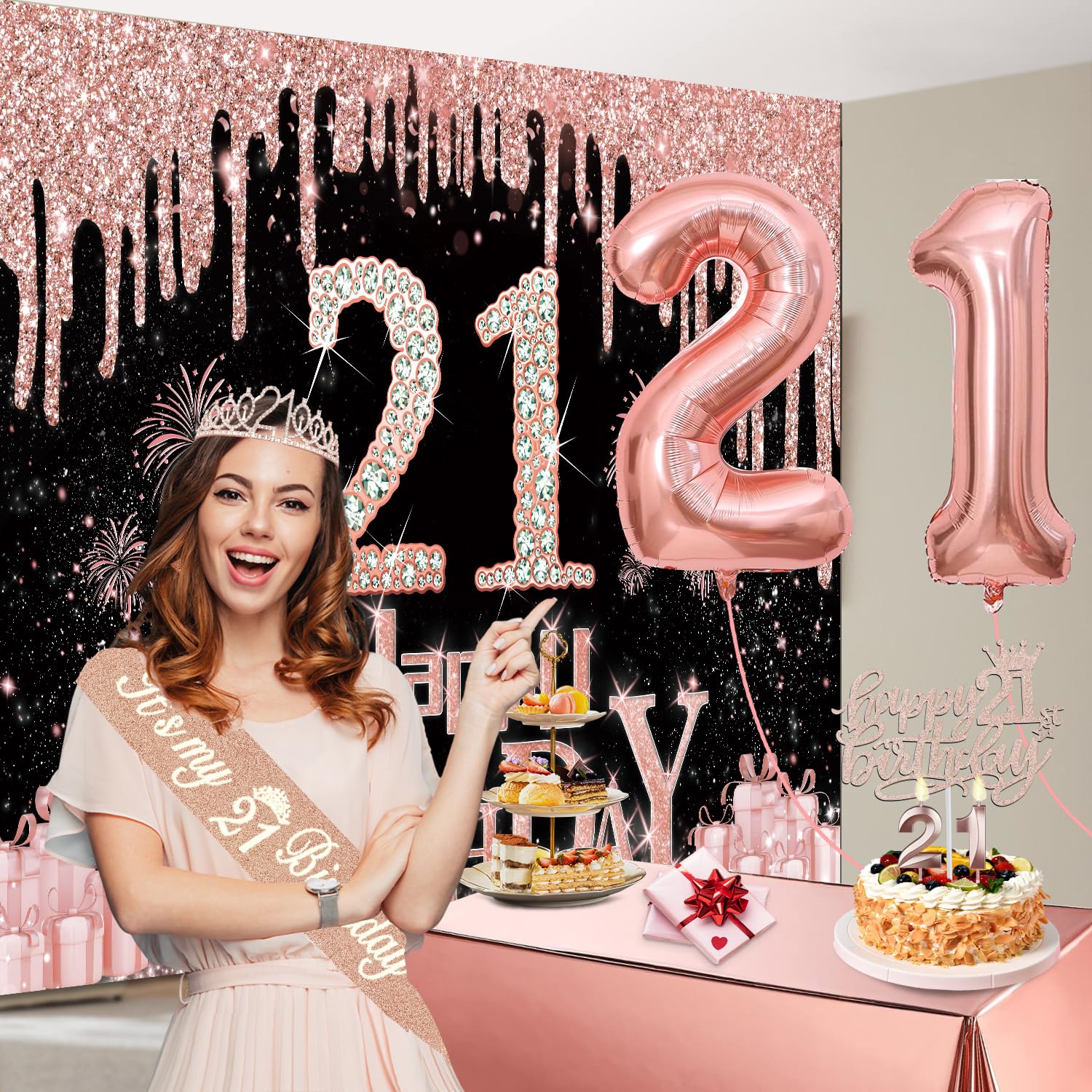 21St Birthday Decorations For Her With Banner, Rose Gold Tablecloth, Number Balloons, 21St Birthday Sash And Tiara, Cake Topper