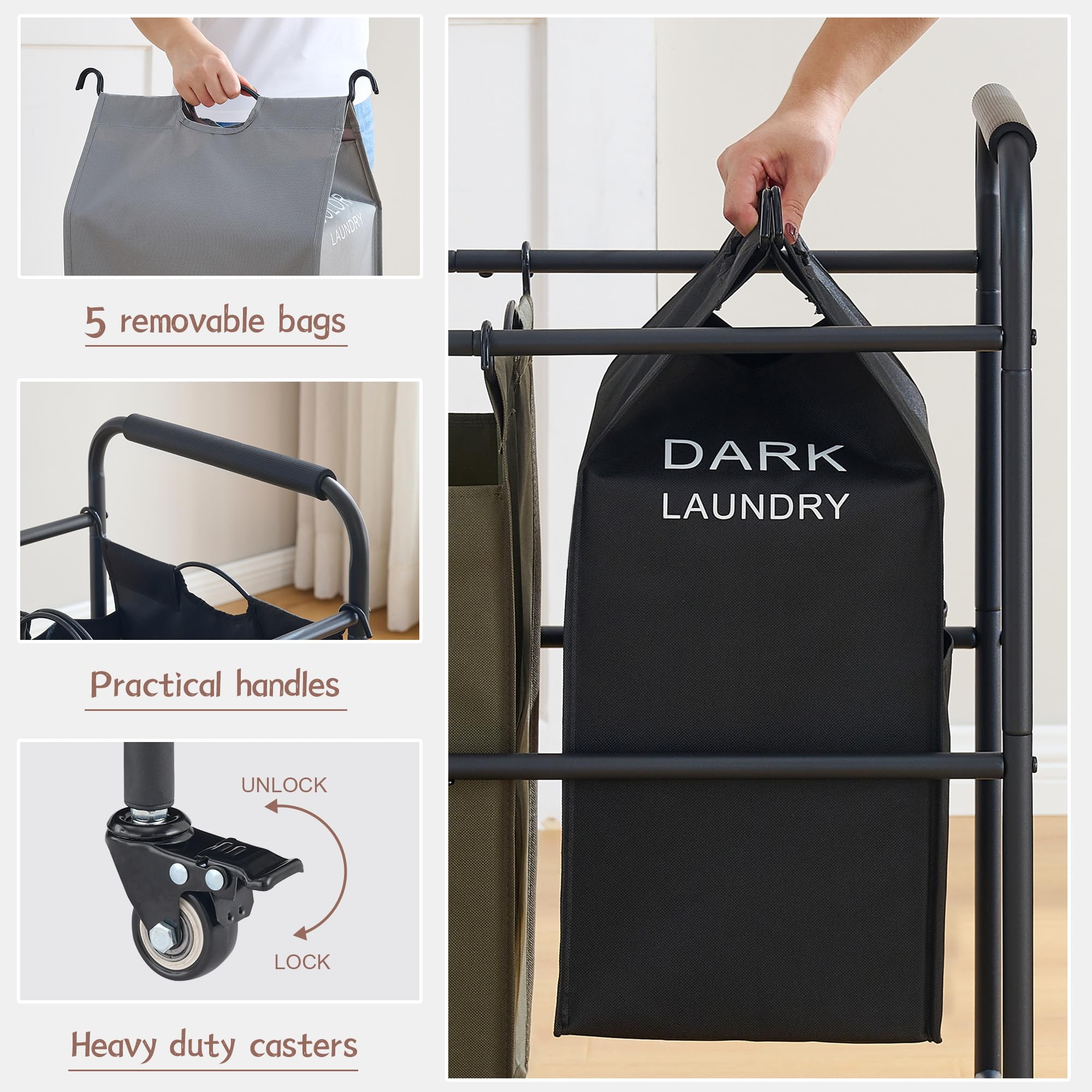 Tajsoon 5 Bag Laundry Sorter Cart, 5 Section Laundry Hamper Sorter With Heavy Duty Lockable Rolling Wheels For Dirty Clothes Sto