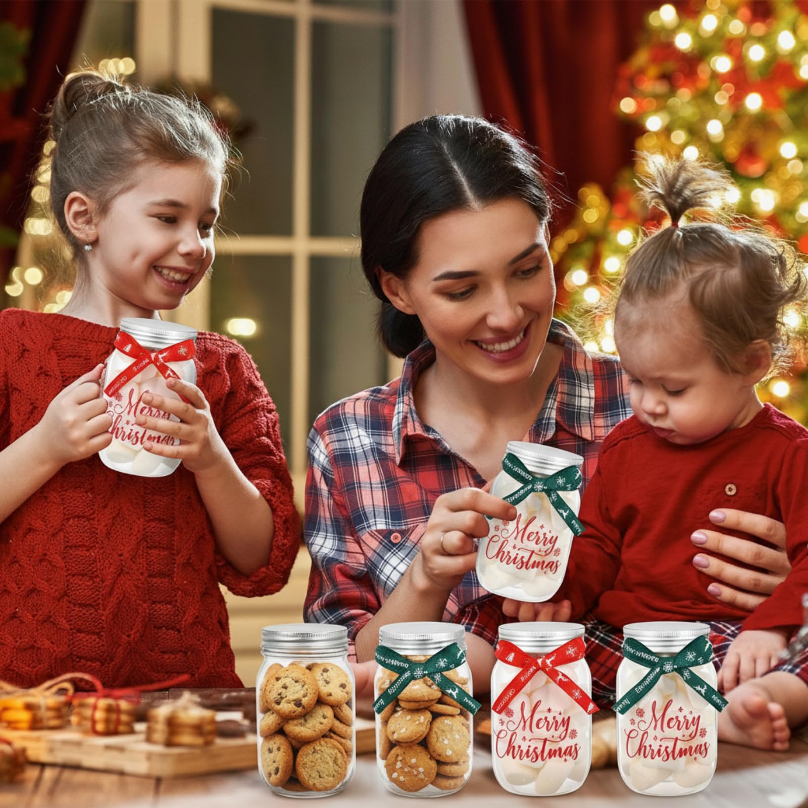 Yungyan 24 Set 12oz Christmas Mason Jars Christmas Candy Jars with Lids Ribbons Print Pattern Clear Plastic Cookies Containers f