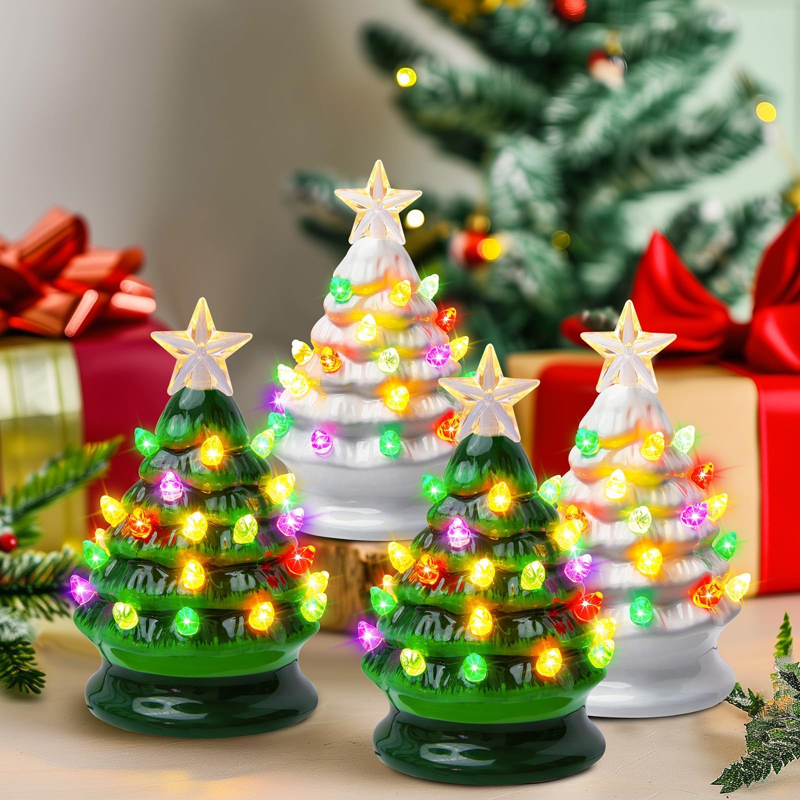 5 Inch Mini Ceramic Christmas Tree Set - 4 Pack Pre-lit Tabletop Christmas Tree with Multicolored LED Lights, Battery Operated S