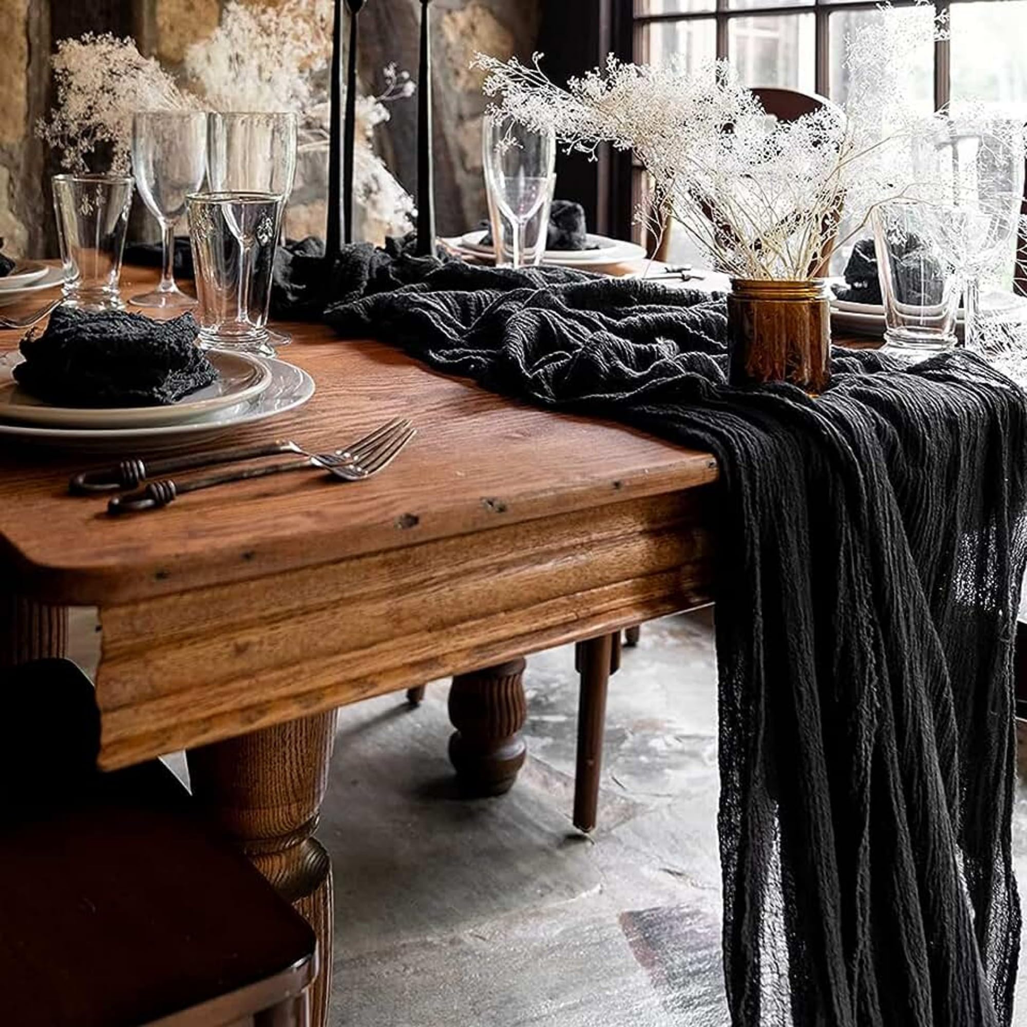 15 Pack Black Cheesecloth Table Runner 10Ft Gauze Cheese Cloth 35X120 Inch Boho Table Runner Romantic Table Runner Long Table Co