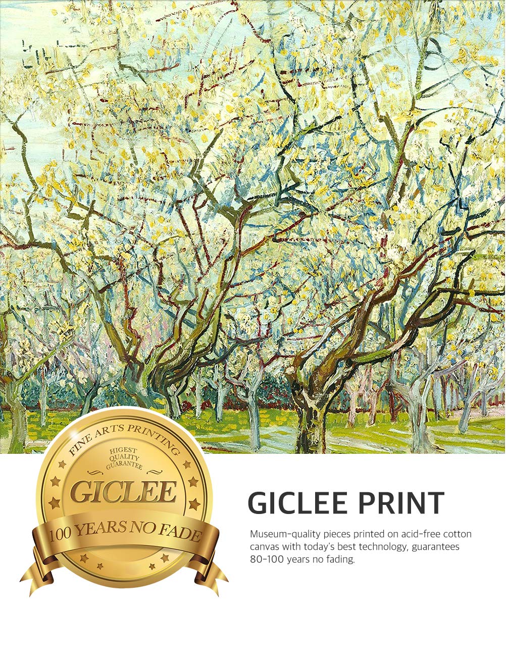 Decorarts - The White Orchard - Vincent Van Gogh. Giclee Print On Canvas With Matching Golden-Relief Framed Wall Art. Picture Si