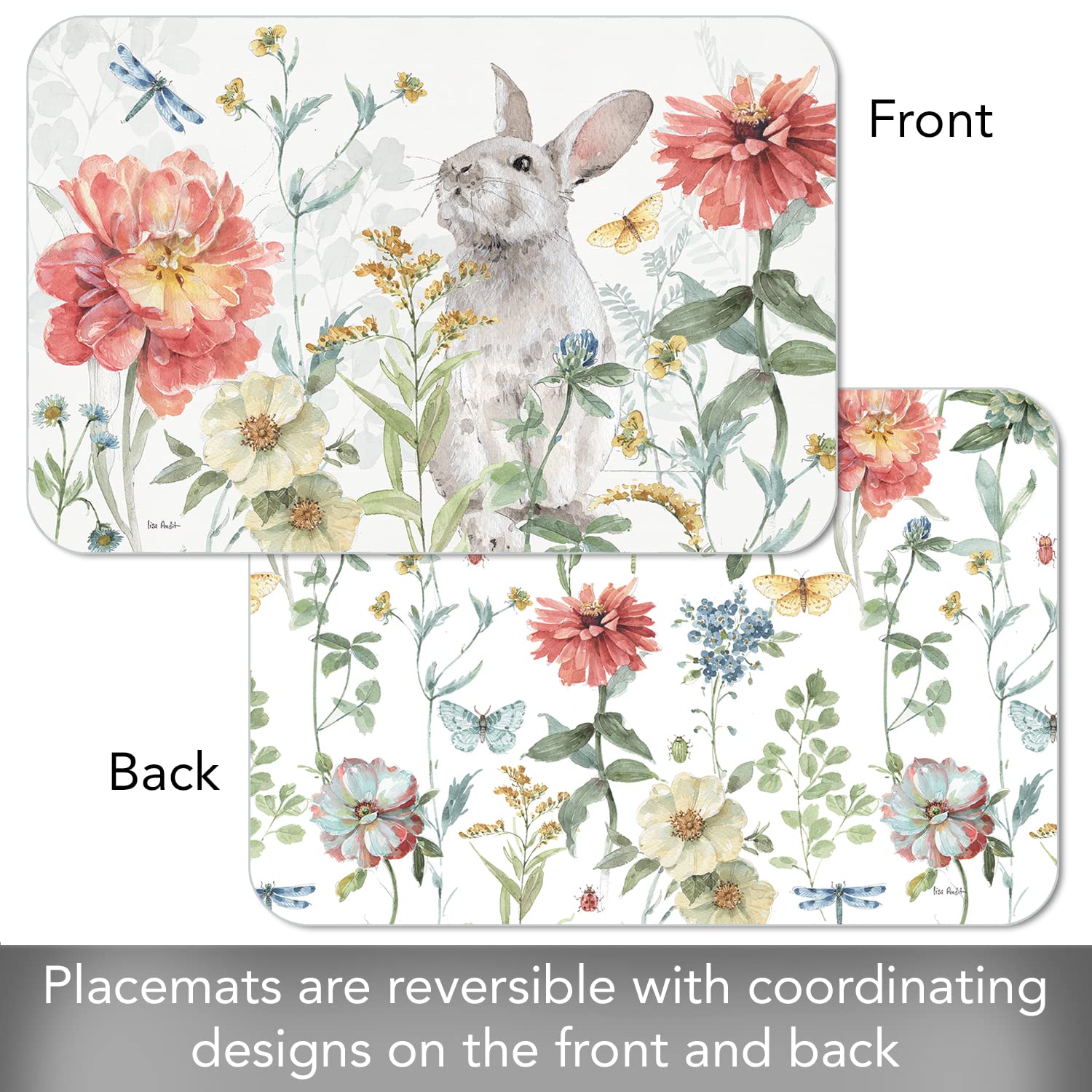 Counterart Spring Meadow Bunny 4 Pack Reversible Easy Care Flexible Plastic Placemat Made In The Usa Bpa Free Easily Wipes Clean