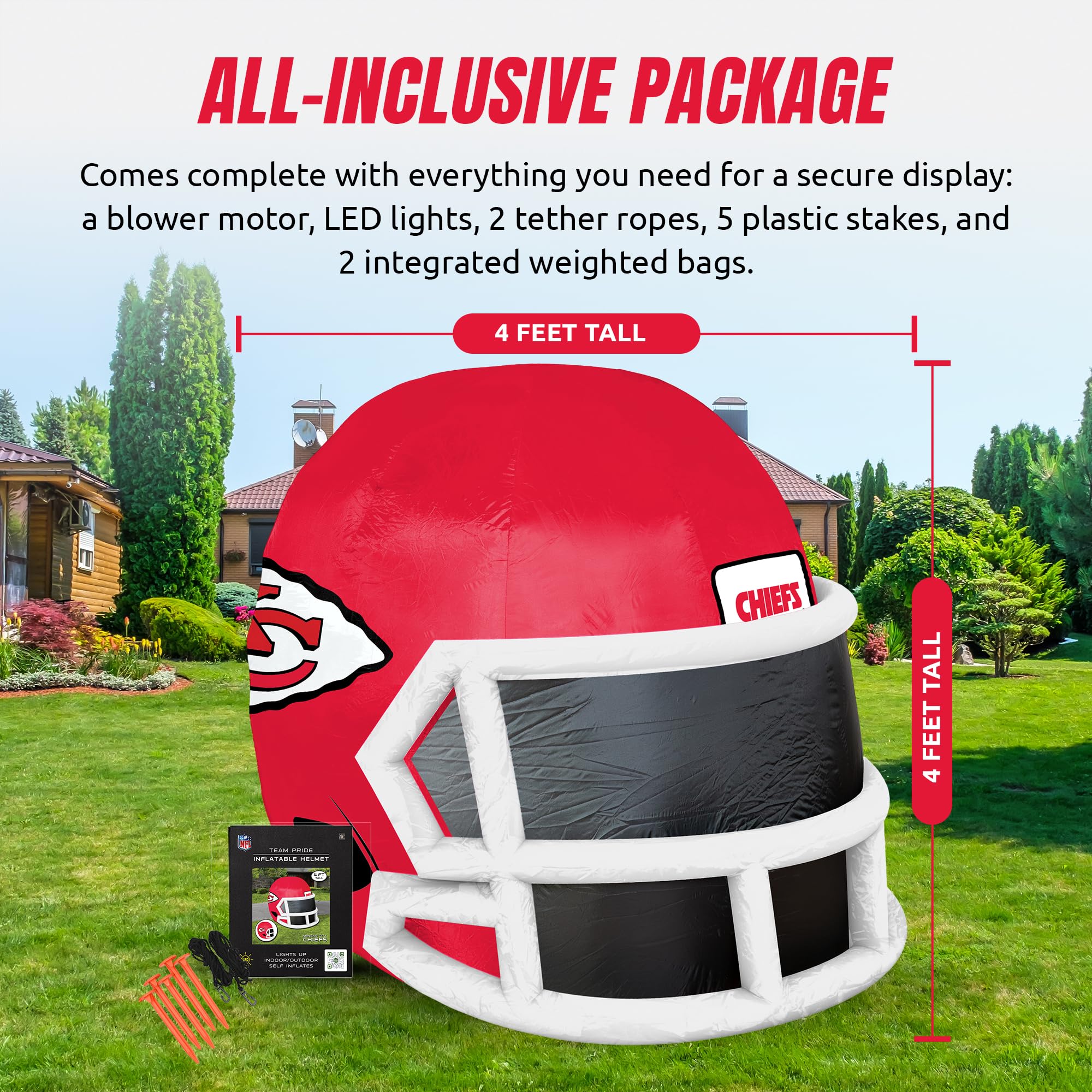 Sporticulture NFL Kansas City Chiefs 4ft Inflatable Helmet with LED Lights & Built-in Blower - Merchandise Decor Ideal for Lawn,
