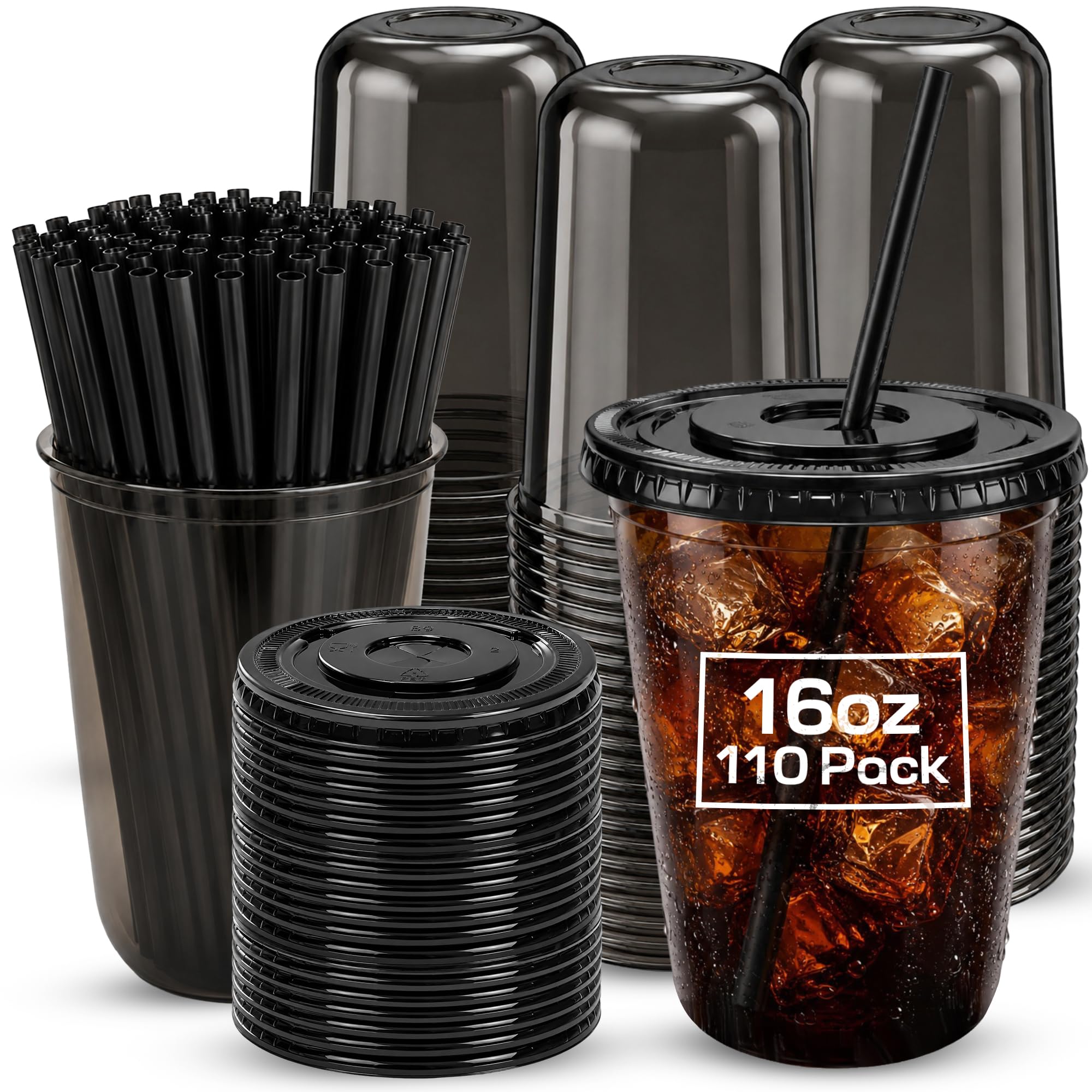 MT.BAY 110 Set 16oz Plastic Cups with Lids and Straws, Disposable Black Clear Iced Coffee Cup with Lid, Round Bottom Plastic To 