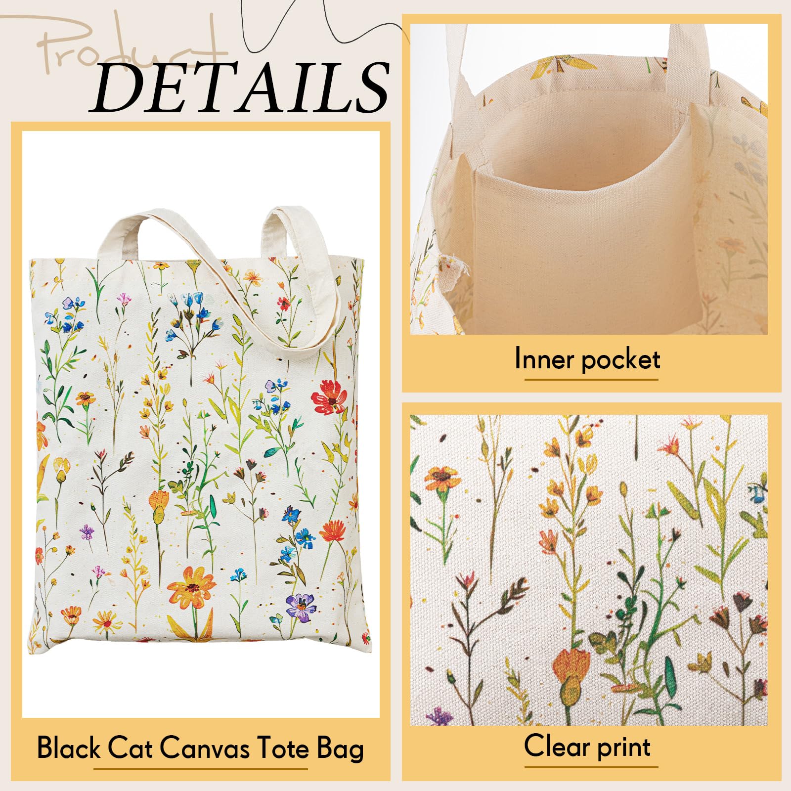 Shinylin 3 Pcs Wildflower Aesthetic Canvas Tote Bag Makeup Coin Purse Set with Zipper Reusable Grocery Shopping Flowers Cute Cos