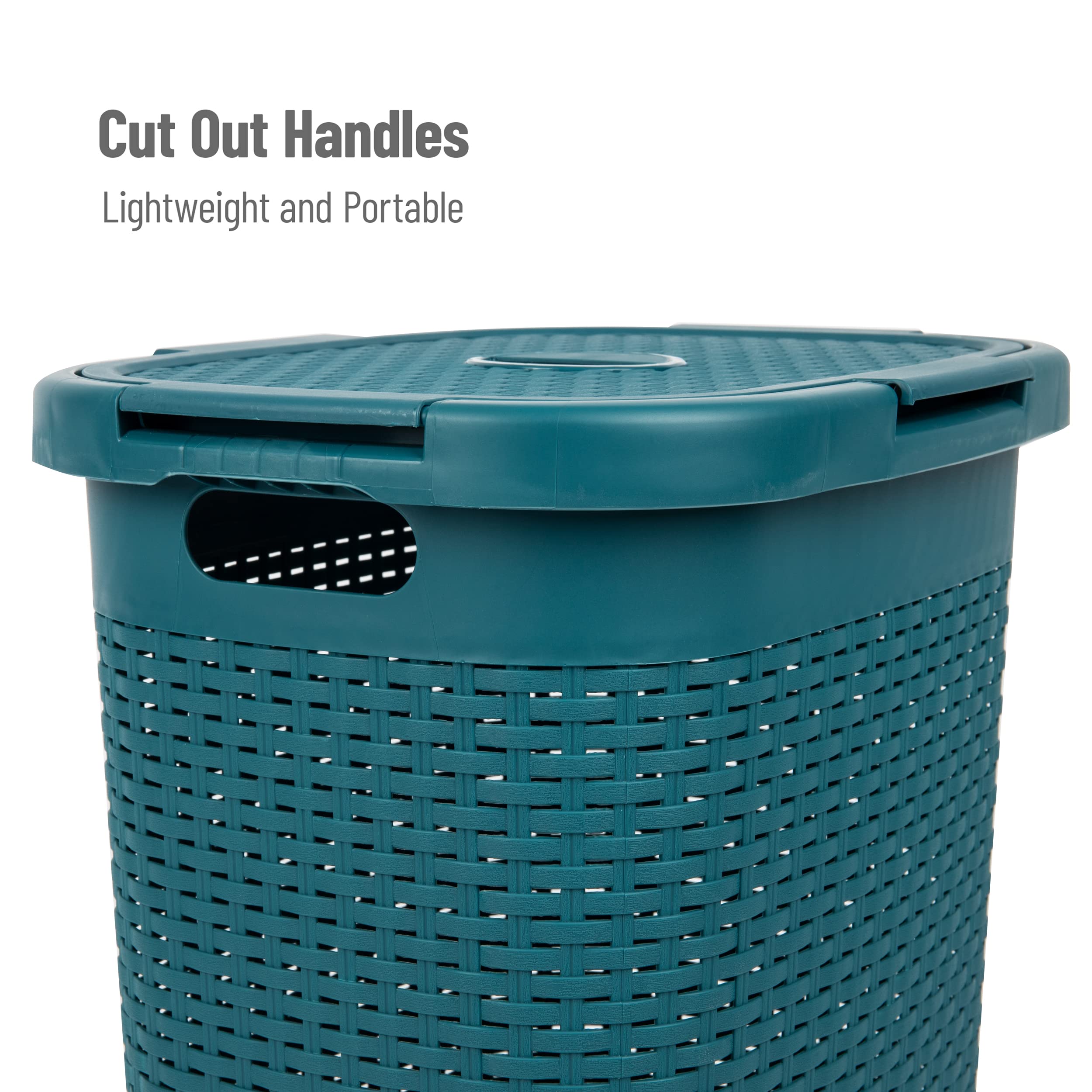 Mind Reader 60L Slim Laundry Hamper, Clothes Basket, Lid, Wicker Design, Plastic, 17.65''L X 13.75''W X 24.15''H, Blue
