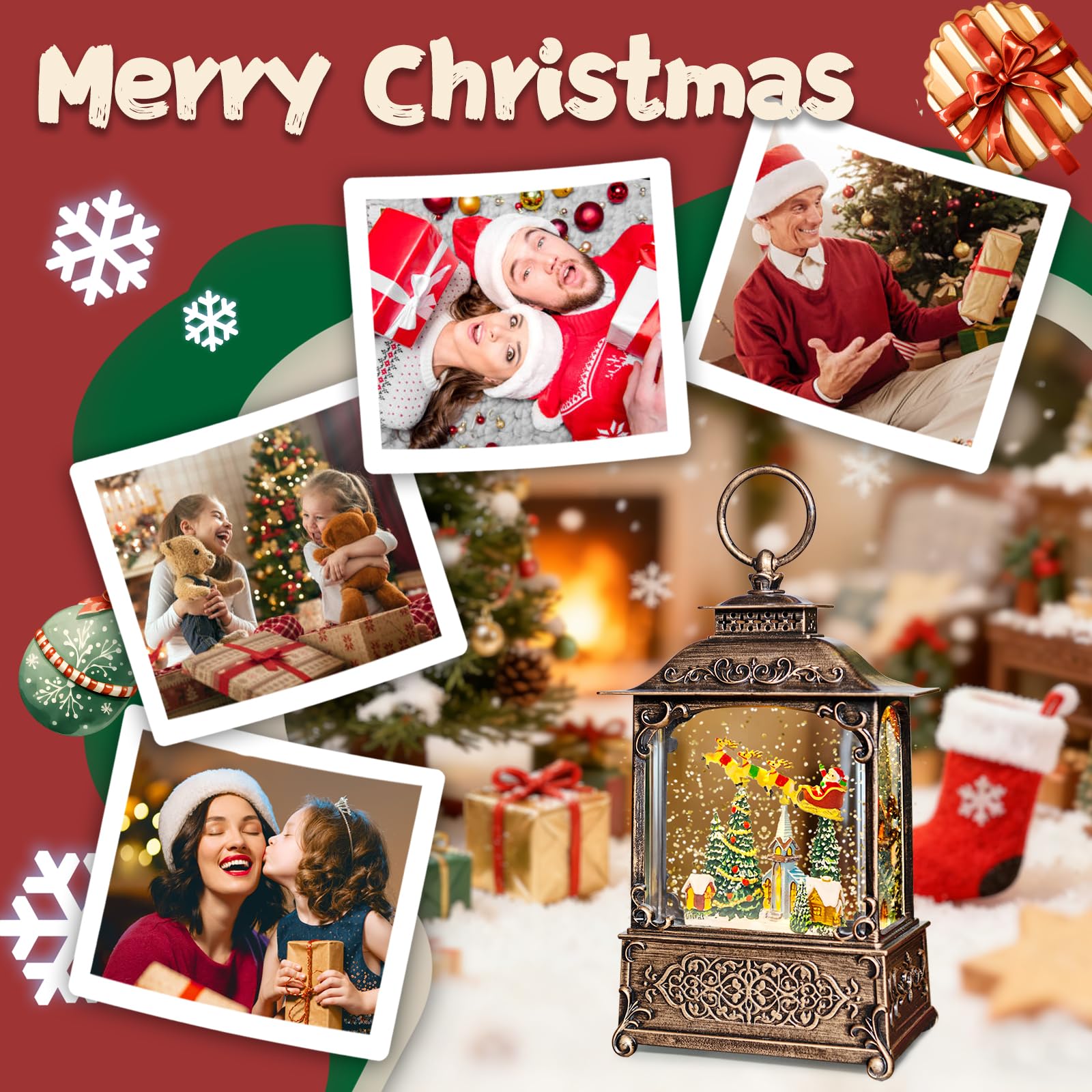 Christmas Snow Globes Lantern, Santa Claus & Church Christmas Decorations Indoor, 6H Timer Battery & USB Powered Light Up Musica
