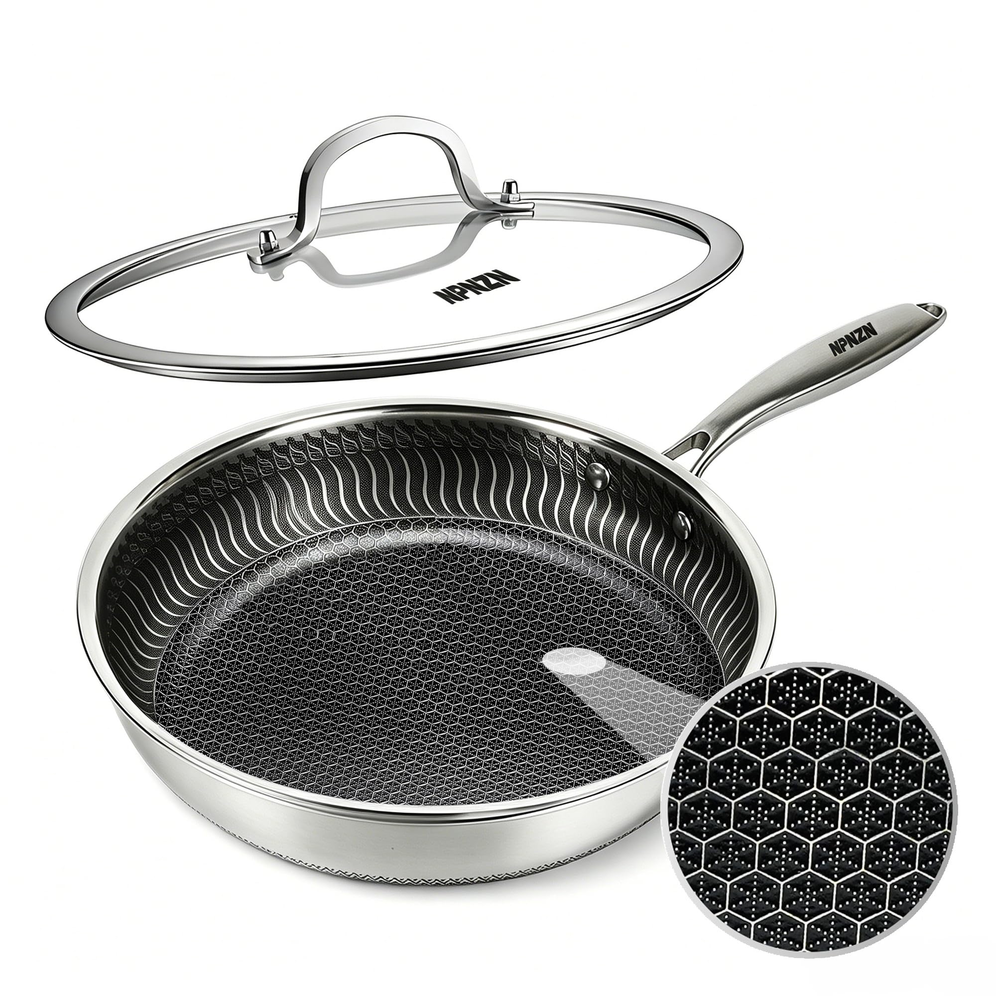 NPNZN Hybrid Nonstick Frying Pan with Lid, ScratchResistant, PFOA Free, StayCool Handle, Compatible with All Cooktops & Induct
