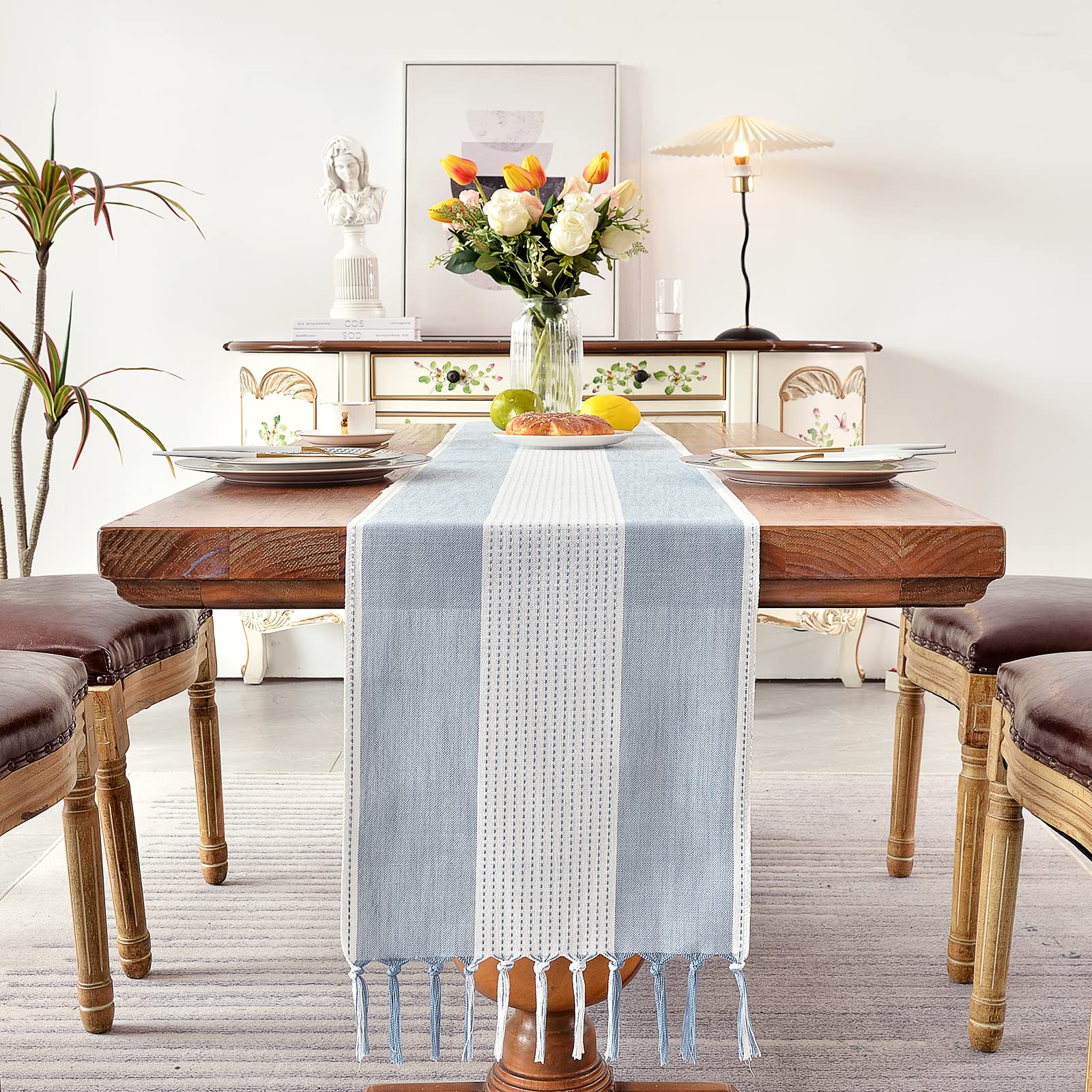 Wracra Linen Table Runner, Farmhouse Macrame Table Runners 72 Inches Long For Dining Table Decor, Wedding, Party And Dresser Dec