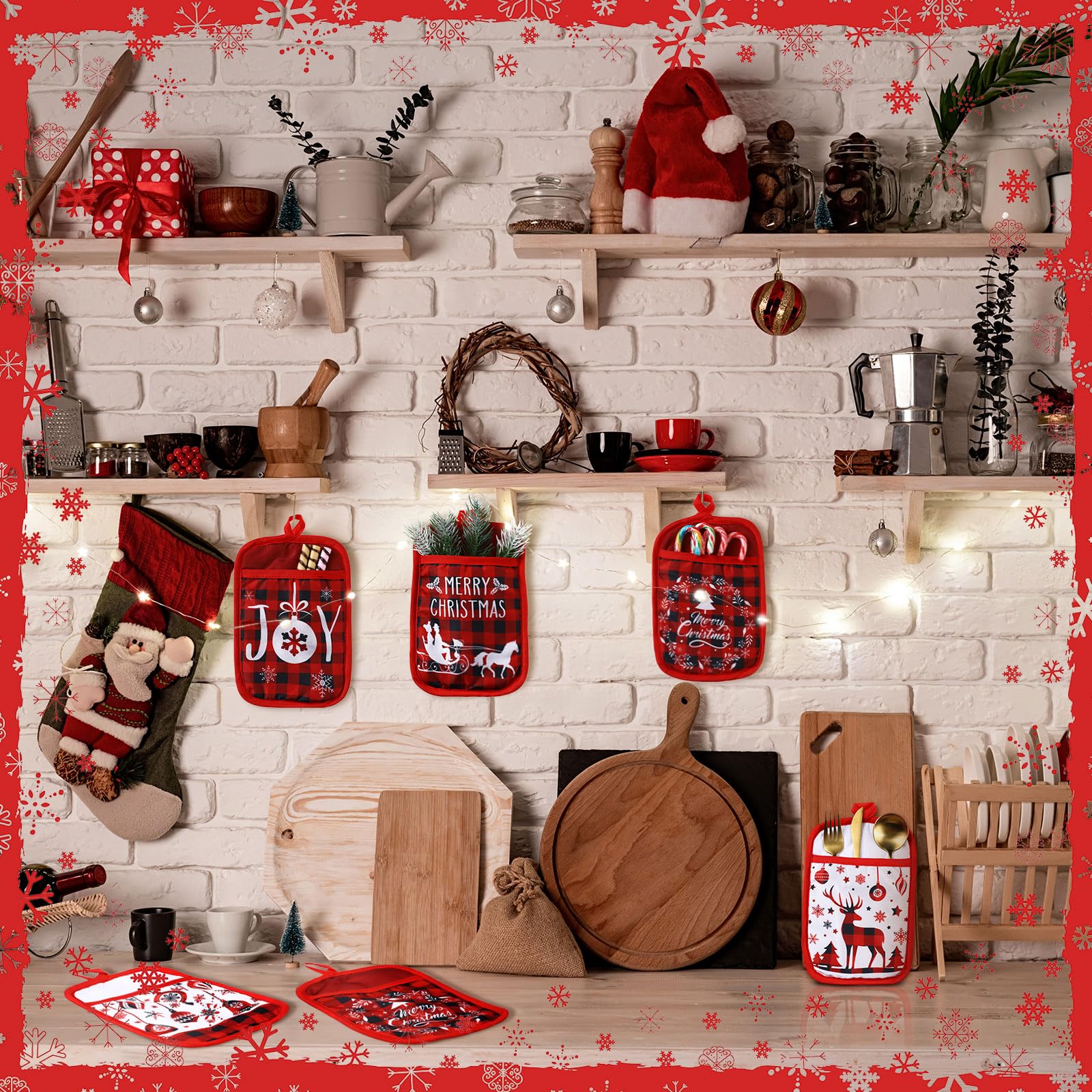 Jingmore 12 Pcs Christmas Pot Holders with Pocket Xmas Buffalo Plaid Pot Holders for Kitchen Winter Hot Pads Oven Mitt Cookie Ba
