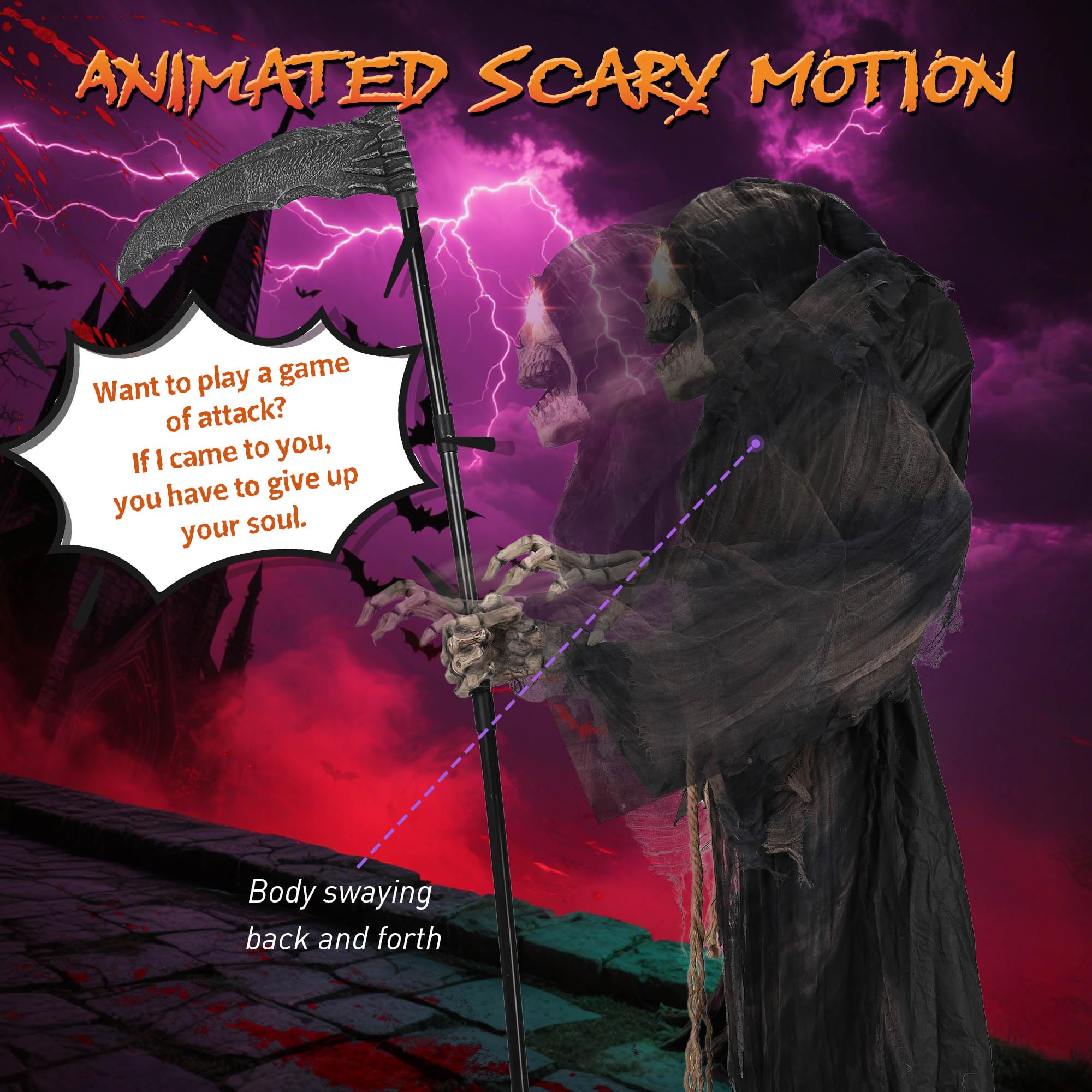 AW Halloween Animated Grim Reaper with Scythe Motion Sensor Glowing Eyes Spooky Sounds Volume Control AC Powered 100V-240V for O