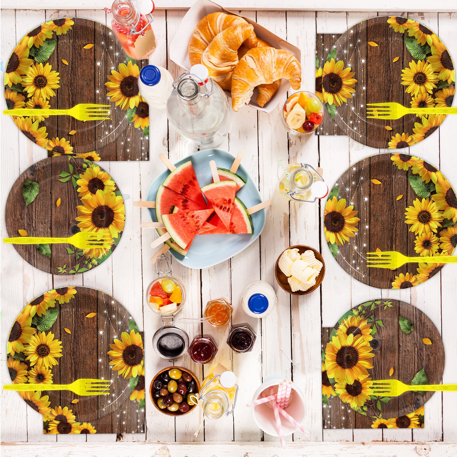 Wiooffen 96 Pcs Sunflower Party Supplies Sunflower Wood Grain Themed Party Decoration Sunflower Party Tableware Set Kids Party P
