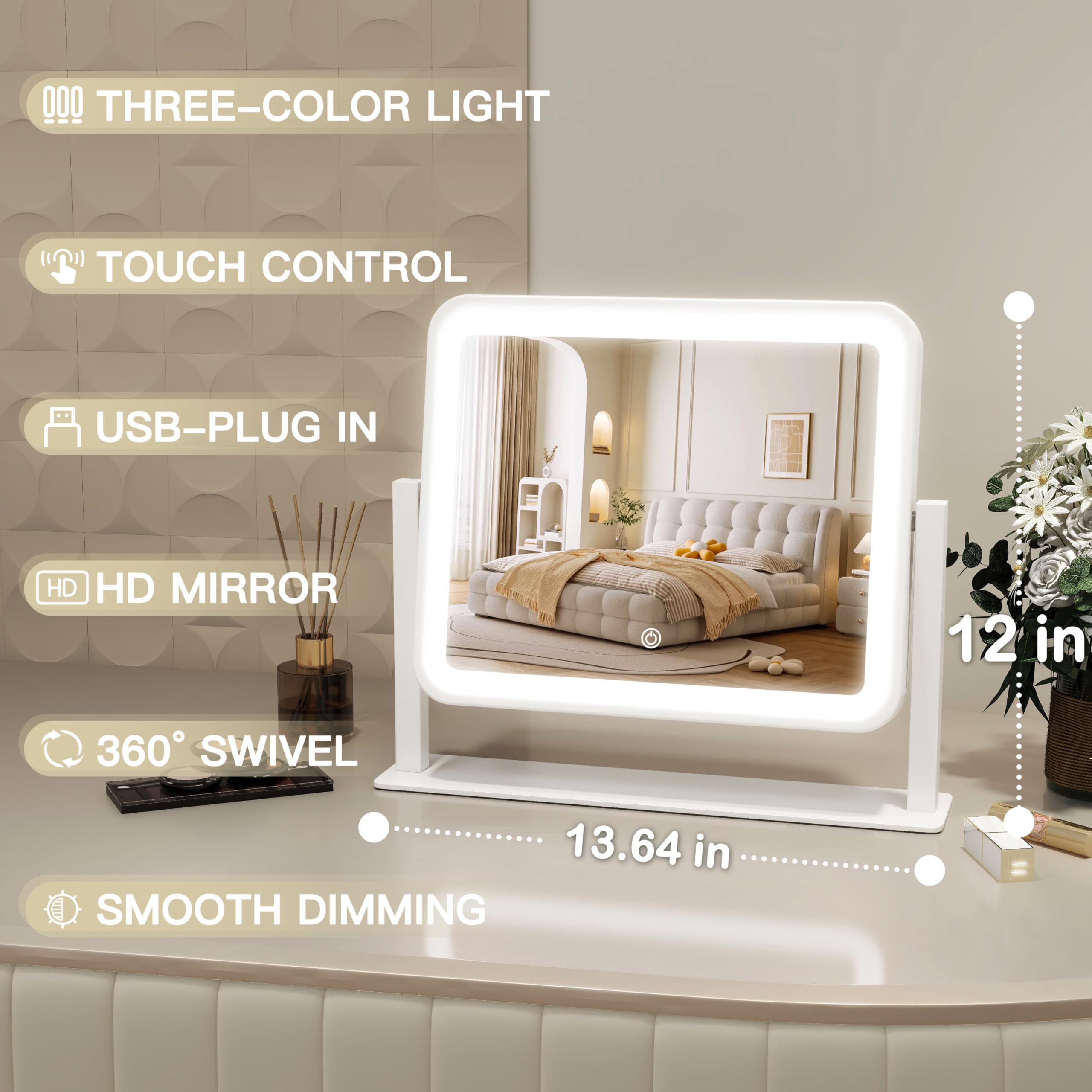 Rolove Vanity Mirror With Lights, 14''  12'' Led Makeup Mirror, Lighted Makeup Mirror With Lights, Smart Touch Control 3 Colors