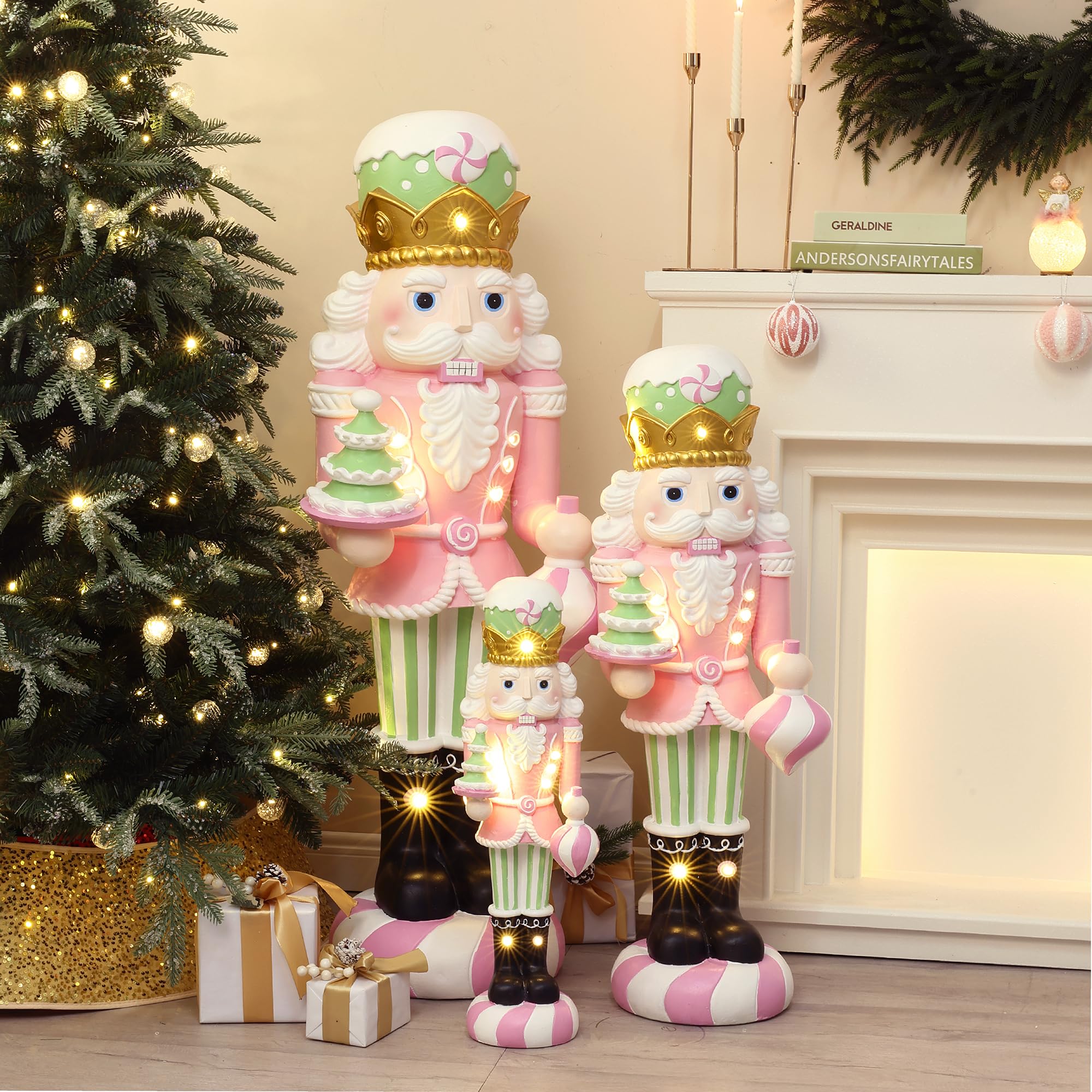 LuxenHome 4FT Tall Nutcracker Christmas Decoration, Candy Theme Large Nutcracker Soldier Decoration with Candy Tree, Lighted Chr