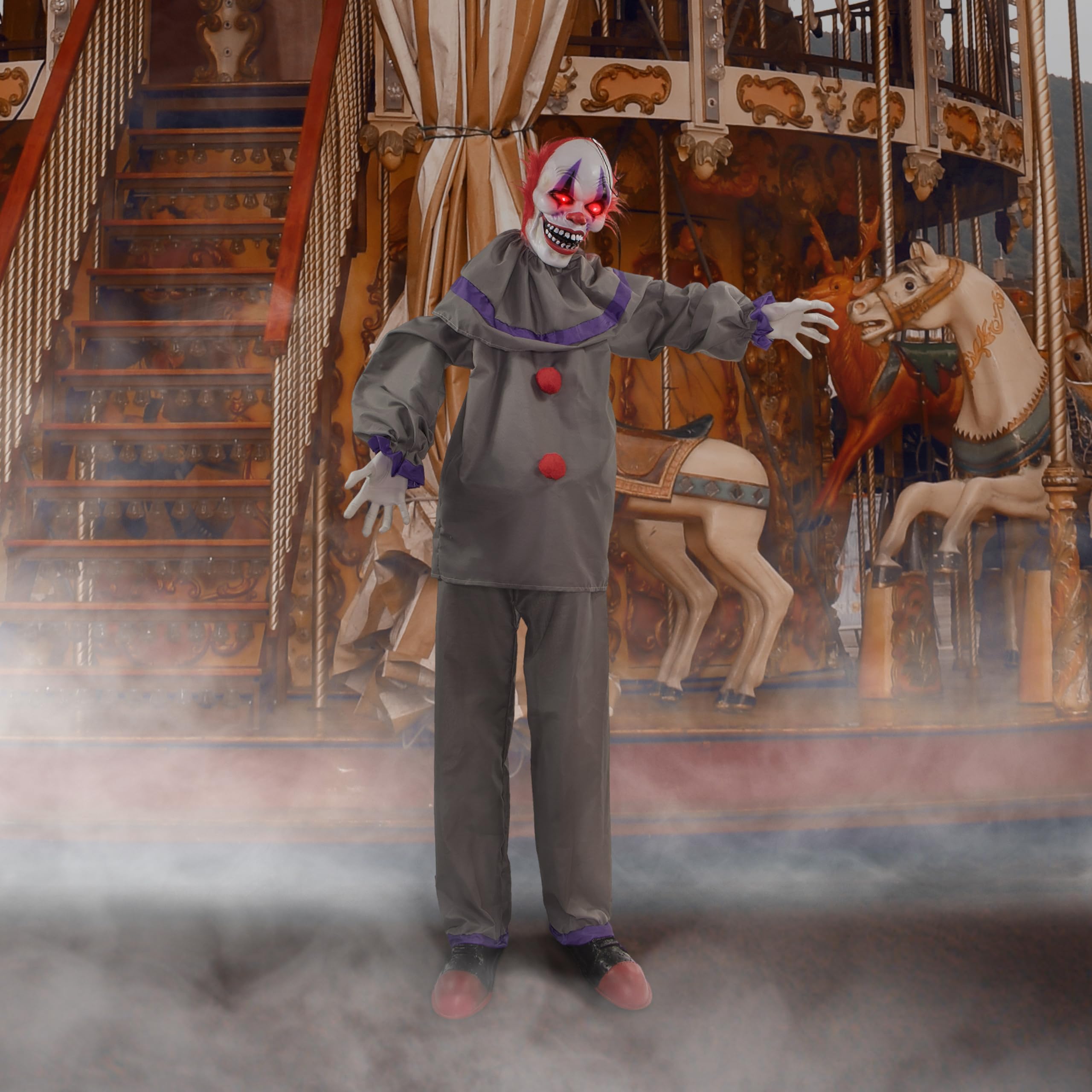 Haunted Hill Farm Life-Size Scary Talking Clown Halloween Animatronic with Motion and Touch Activated Lights and Sound, Battery