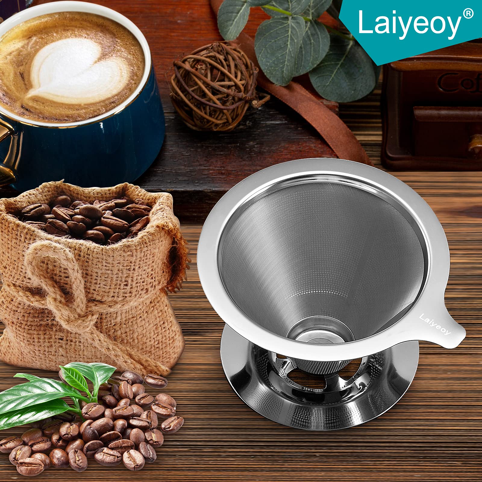 Laiyeoy Stainless Steel Pour Over Coffee Dripper, Reusable Cone Filter, 5.47x4.69x3.19 inches, Silver, Double Mesh Design