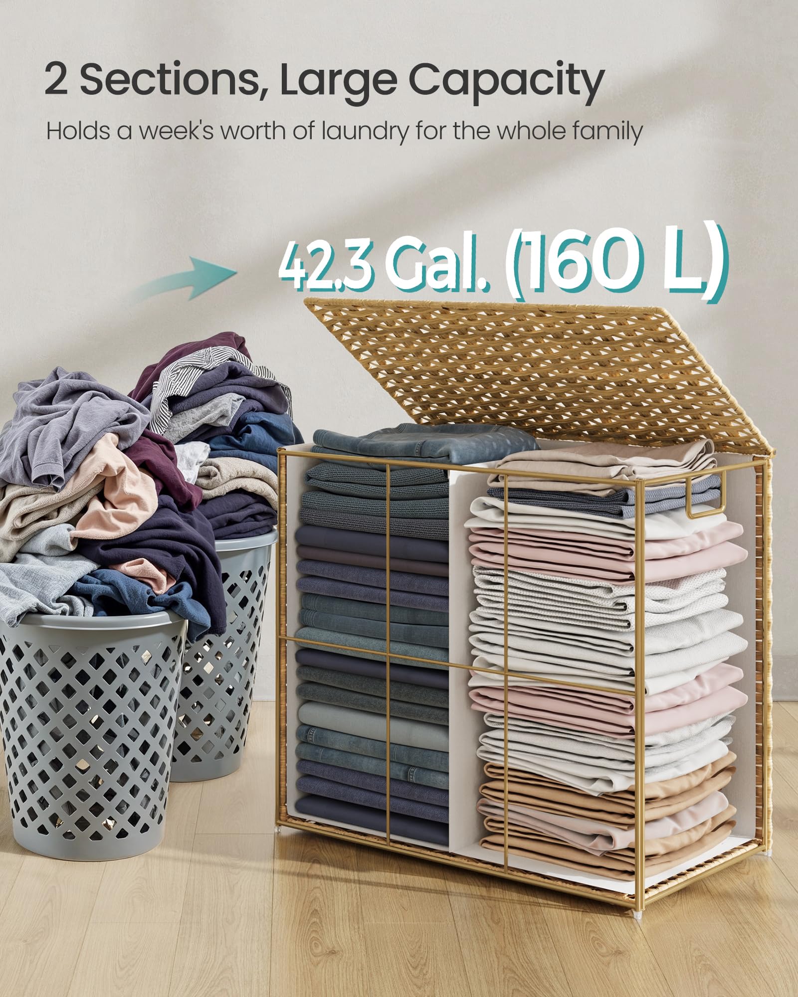 Songmics Laundry Hamper With Lid, 42.3 Gallon (160 L) Synthetic Rattan Clothes Laundry Basket With Lid And Handles, Foldable, Re