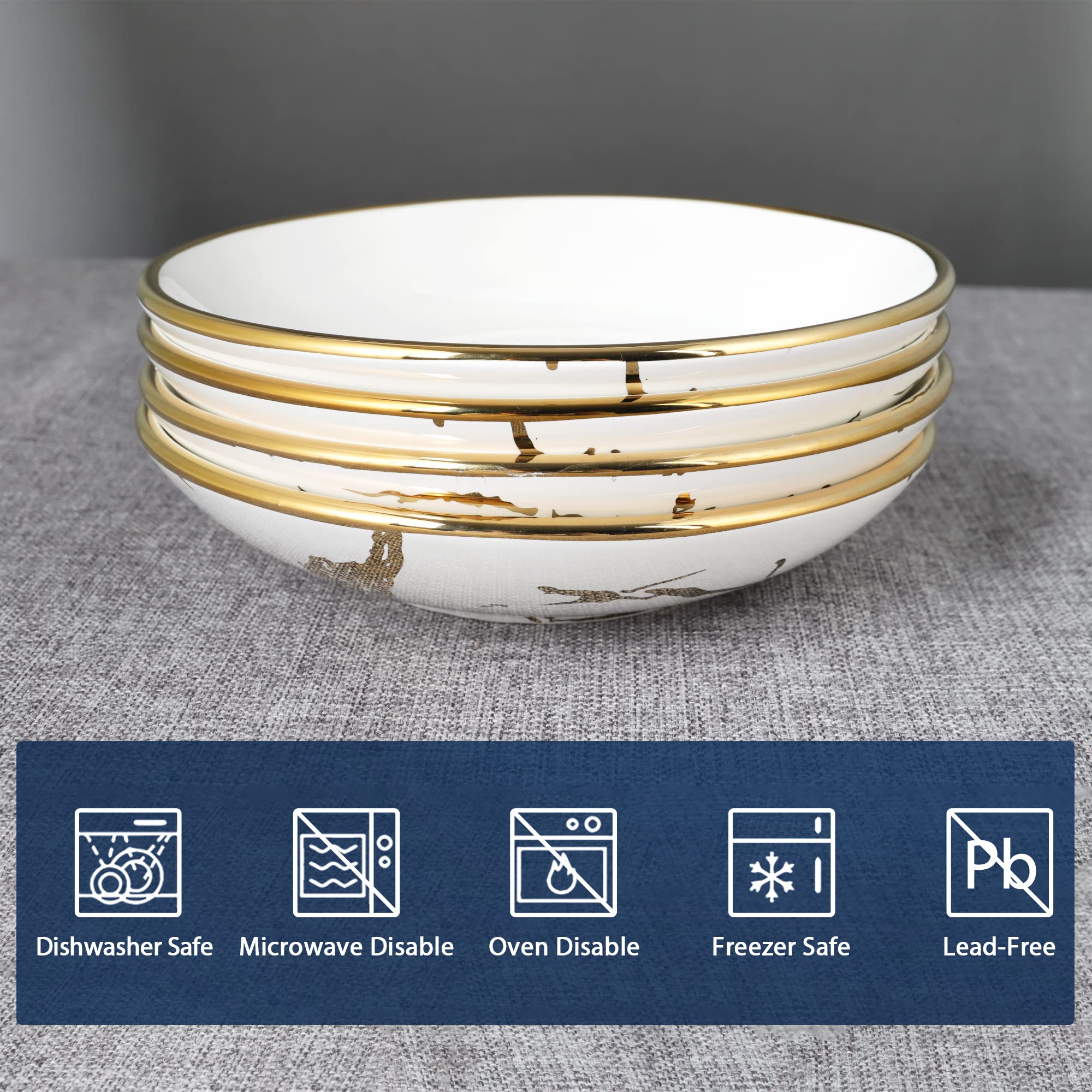 Fanquare Porcelain Pasta Bowls Set Of 4, Gold Marble Serving Bowl 16Oz, Ramen Bowl For Soup, Salad, Dessert, 7 Inch