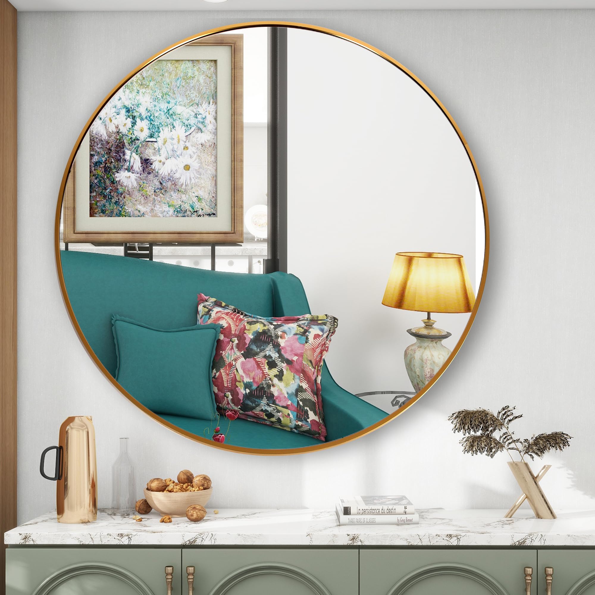 FANYUSHOW Round Mirror For Bathroom, Gold Circle Mirror For Wall Mounted, 24 Modern Brushed Brass Metal Frame Round Mirror For W