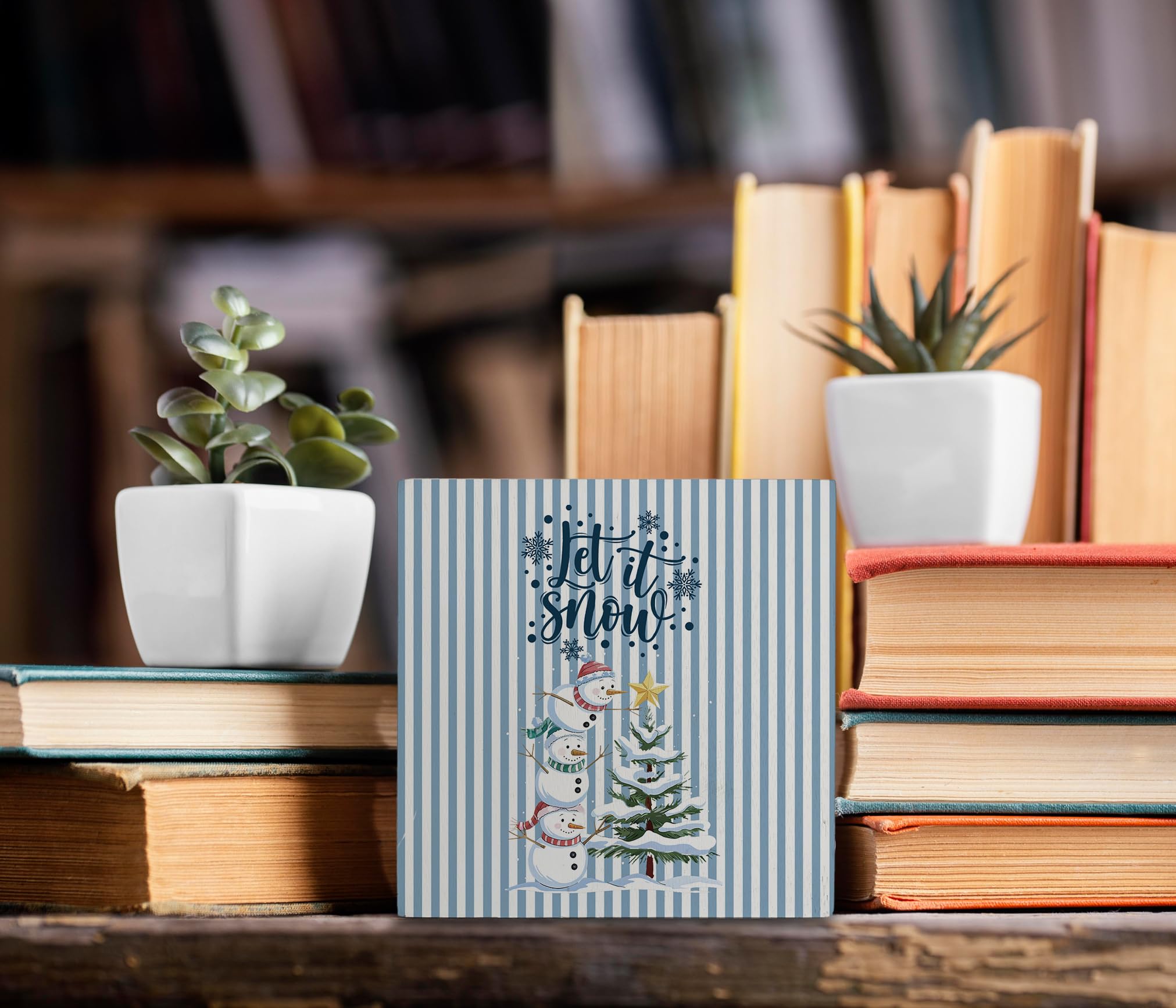 kunlisa Let It Snow Christmas Snowman Wooden Sign, Christmas Desk Decor, Festive Xmas Tree Snowflake Blue Striped Wood Box Sign