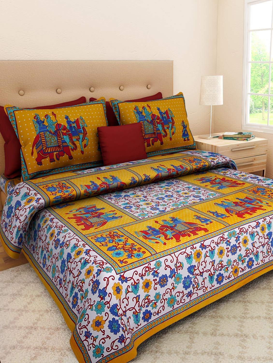 Queenie 100% Cotton Jaipuri Bedsheet For Double Bed With 2 Pillow Covers | Soft & Breathable Fabric | Traditional Floral Print