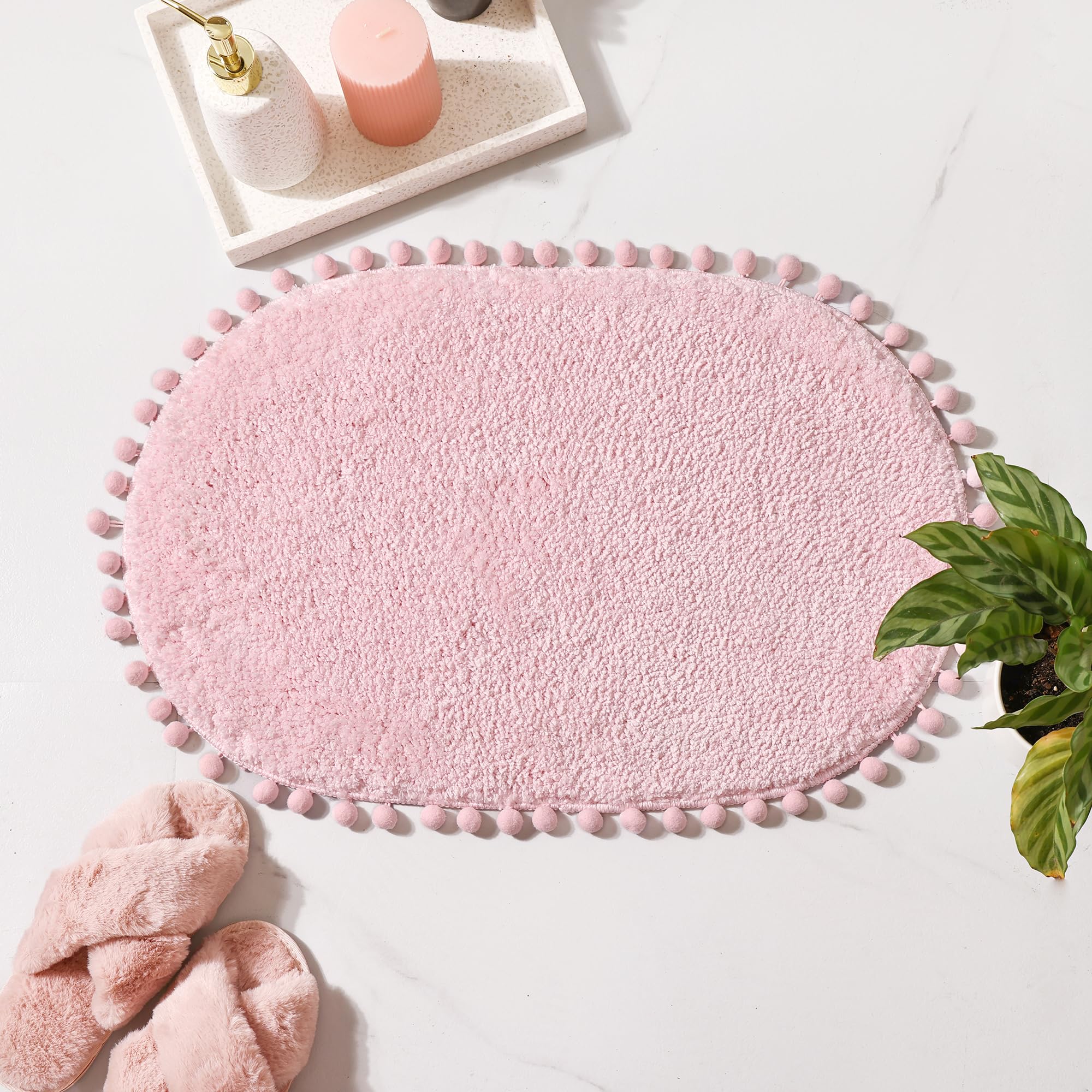 Yirddeo Bath Mat Pink Rug With Pom Oval Bathroom Rugs For Bedroom Non Slip Cute Boho Absorbent Mats Soft Plush Washable Rug (20