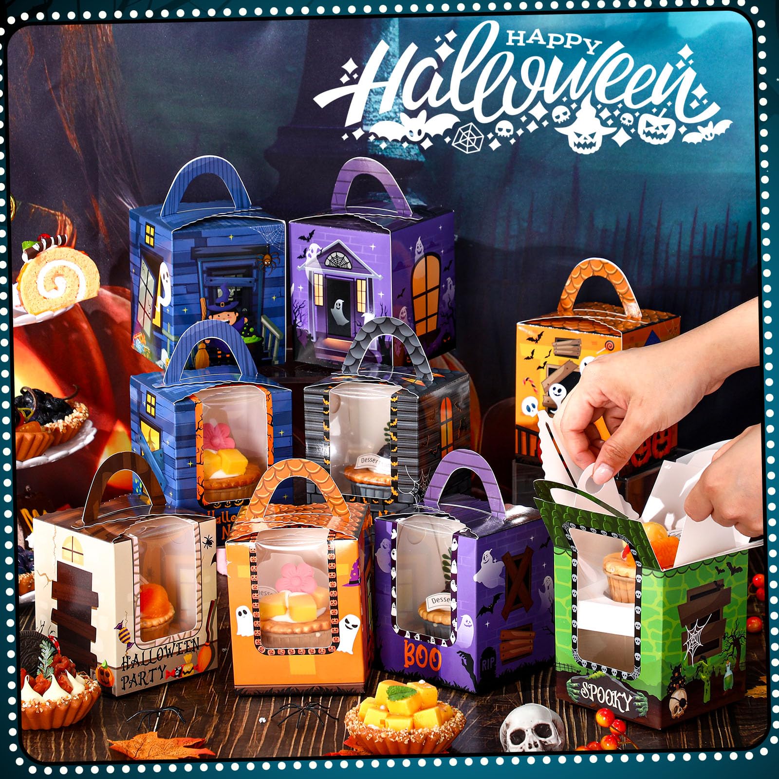 Qeeenar 60 Pieces Halloween Cupcake Boxes Halloween Individual Carriers Party Boxes with Clear Window for Cupcake Candies Gifts
