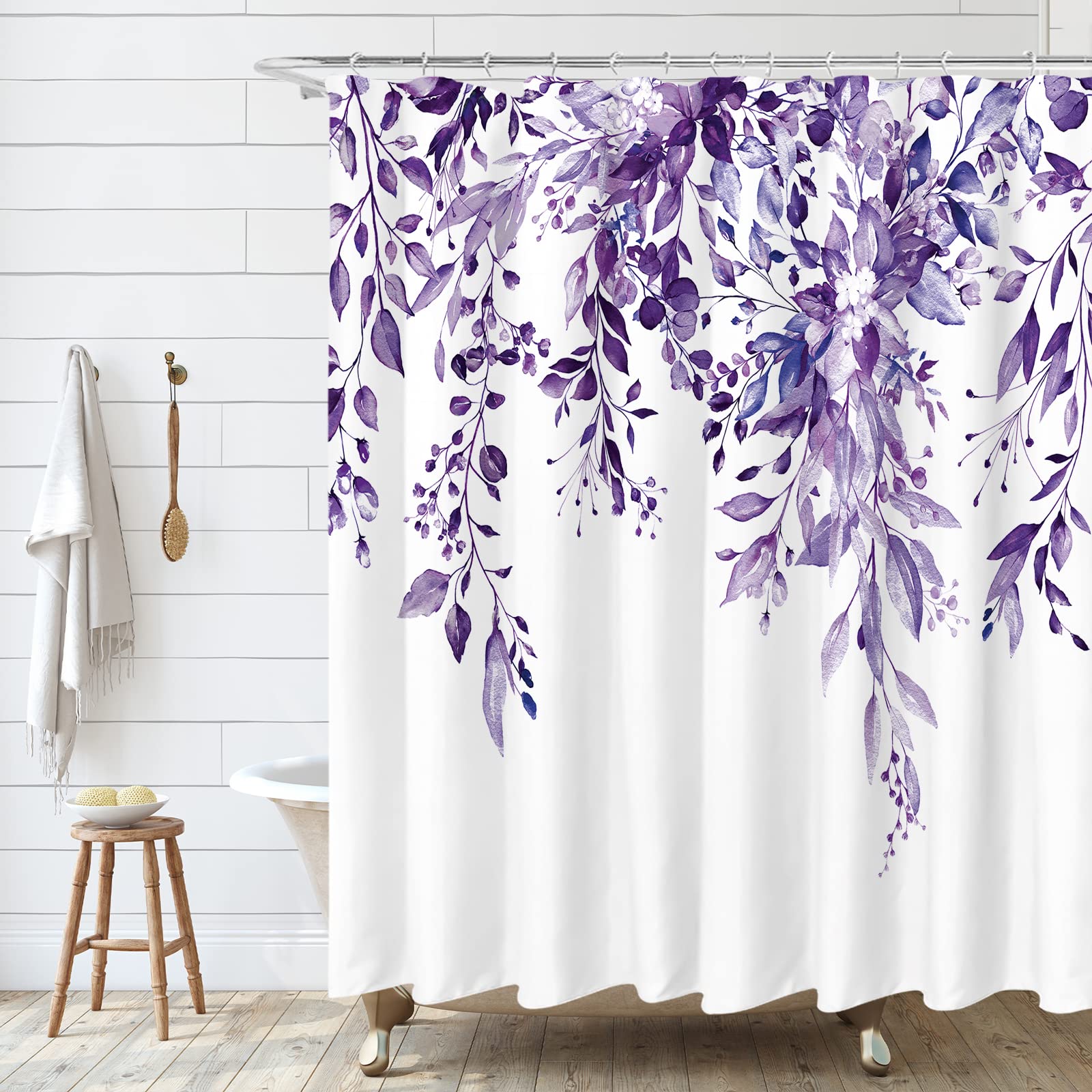 Tititex Purple Eucalyptus Shower Curtain Sets, Watercolor Leaves On The Top Plant With Floral Bathroom Decoration 72X78 Inch Wit