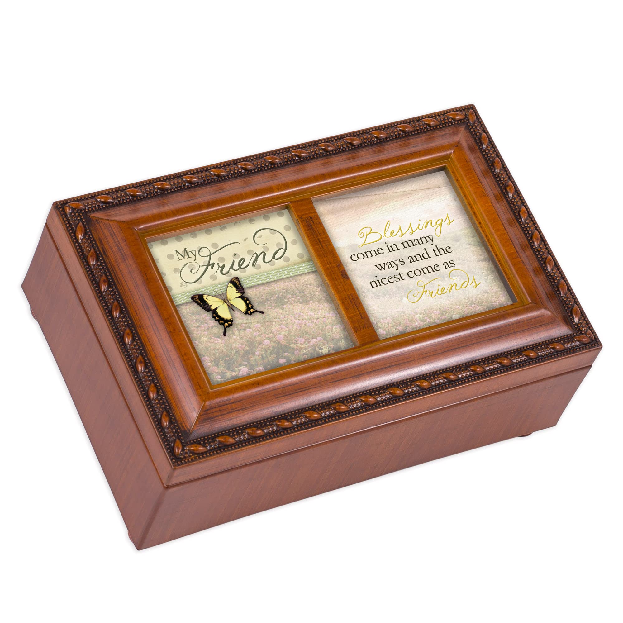 Cottage Garden My Friend Blessings Woodgrain Rope Trim Petite Music Box Plays Thats What Friends are for