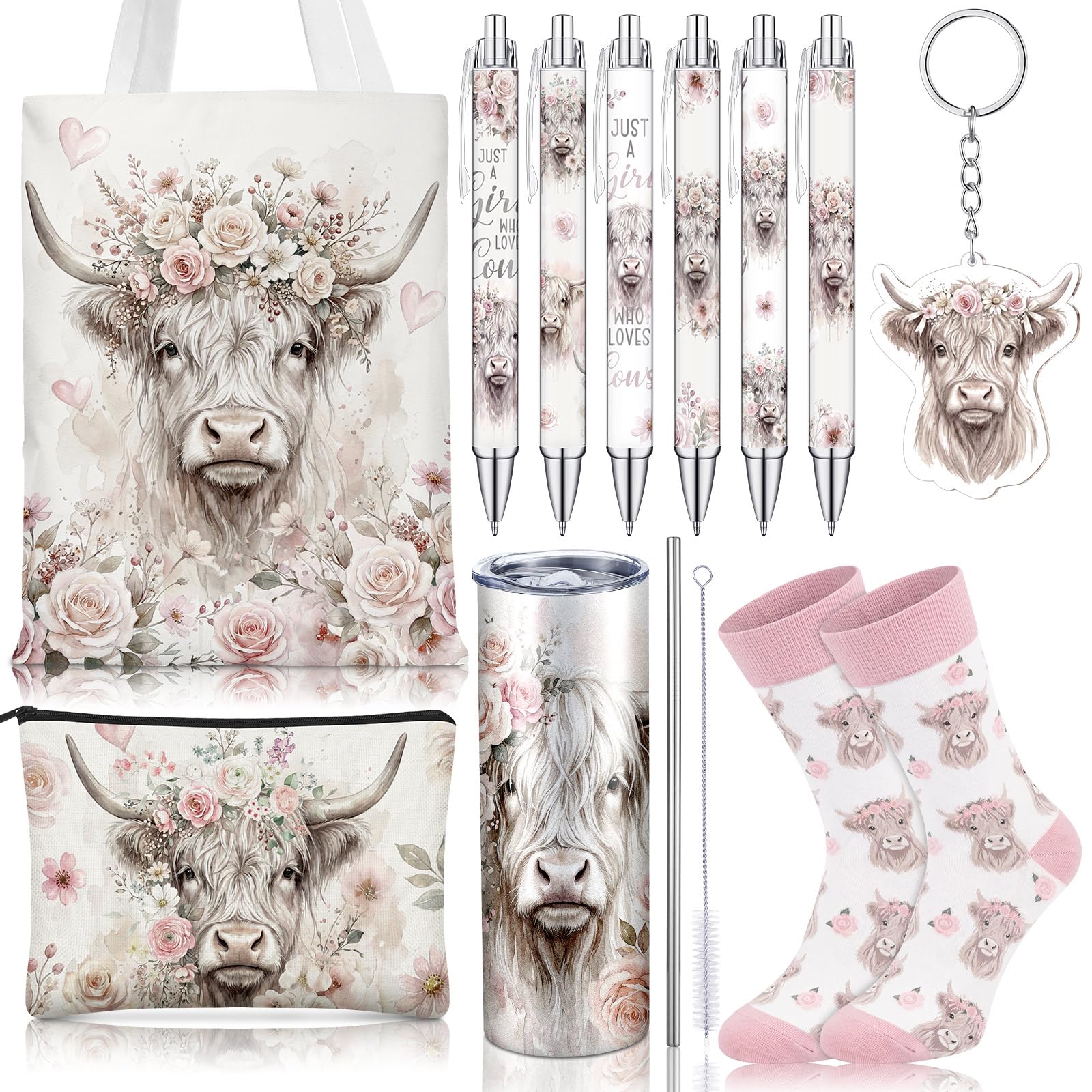 Gandeer 6 Pcs Highland Cow Gift Set for Women Pink Highland Cows Stuff with 20 oz Tumbler Canvas Tote Makeup Bag Keychain Pens f