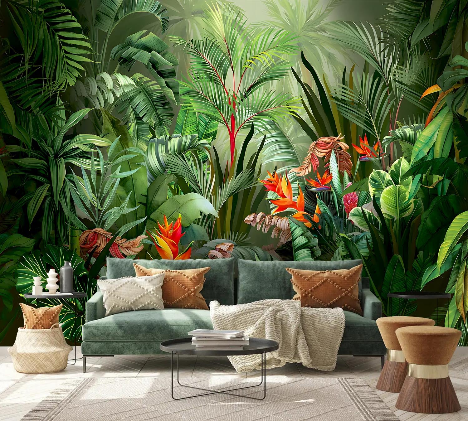 PYFFYP- Tropical Jungle wallppaper Green Leaf Jungle wall murals for Bedroom(Not Peel and Stick)