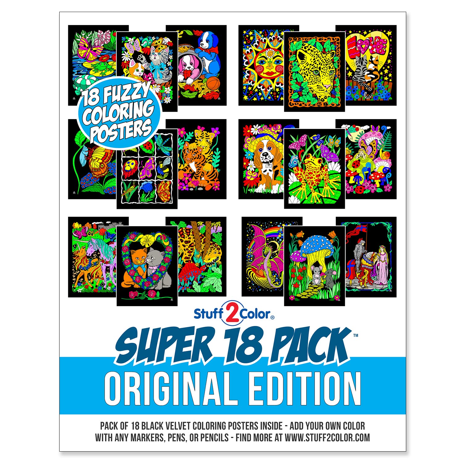 Super Pack Of 18 Fuzzy Velvet Coloring Posters (Original Edition) - Great For Family Time Coloring, Arts, Crafts, Travel, School