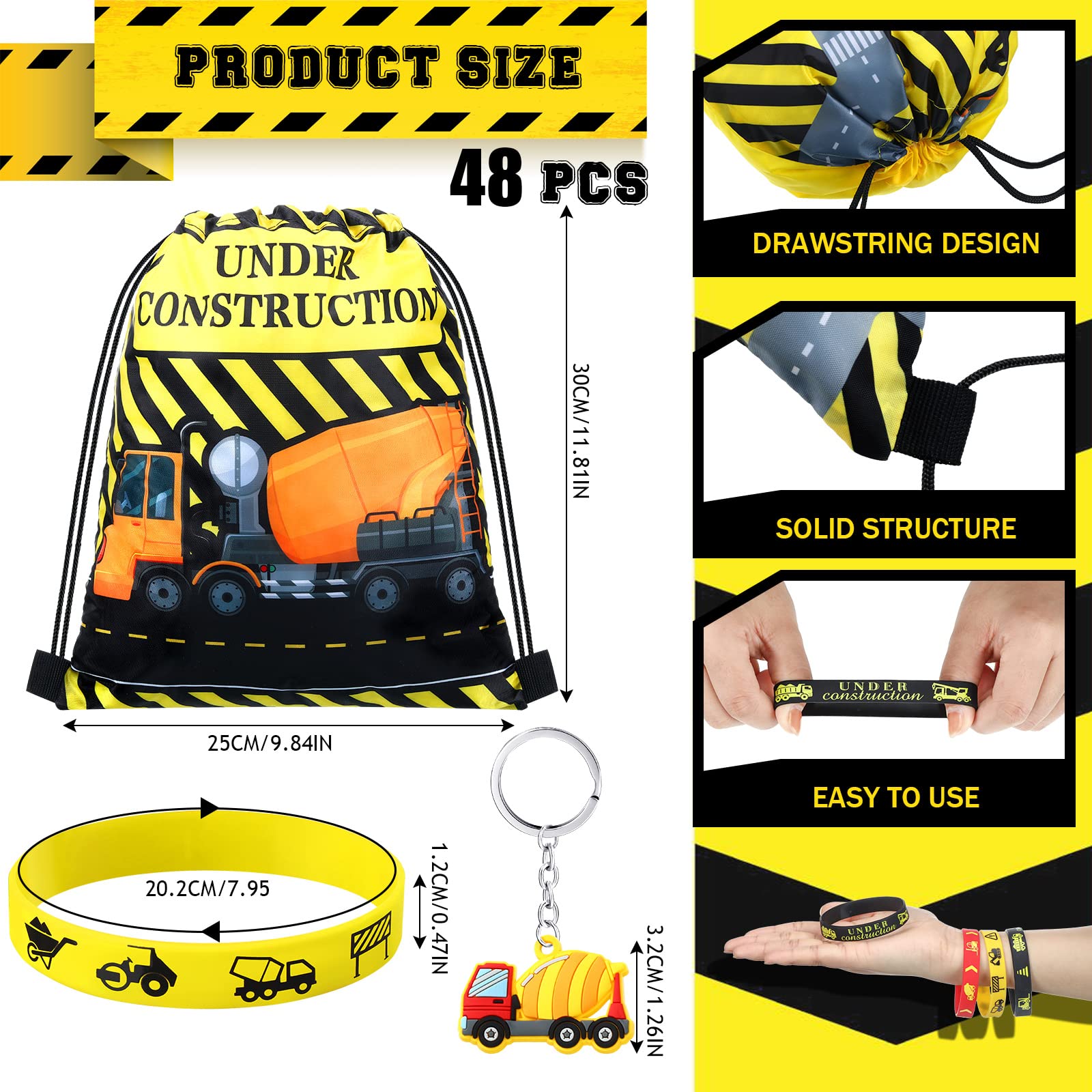 Hungdao 48 Pcs Construction Party Favors 16 Construction Party Drawstring Bags Construction Goodie Bag 16 Construction Wristband