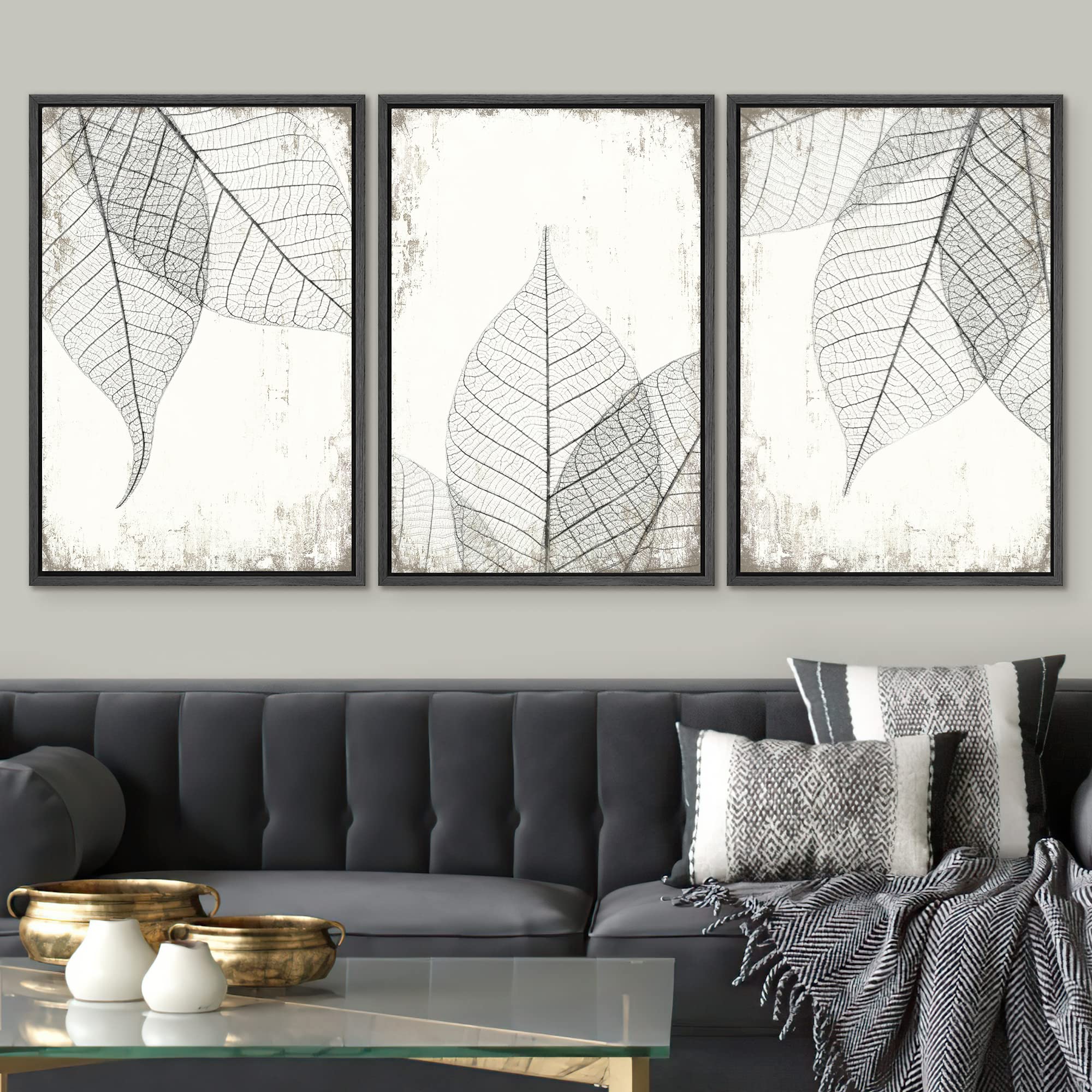 Signwin Framed Canvas Print Wall Art Set Black White Transparent Leaf Collage Nature Wilderness Illustrations Modern Art Rustic