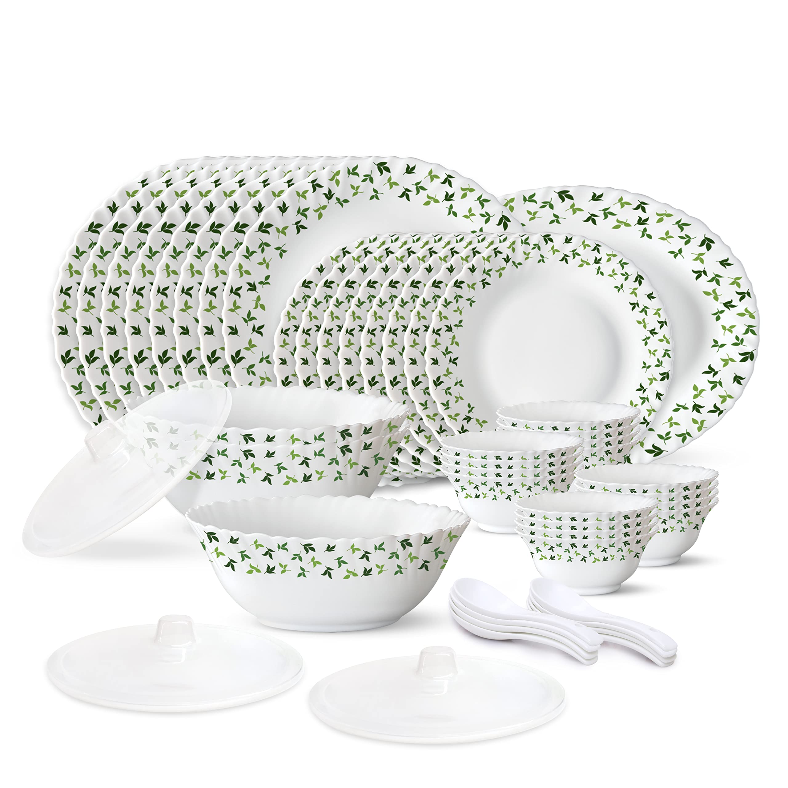 Larah By Borosil Sage Silk Series Opalware Dinner Set | 47 Pieces For Family Of 8 | Microwave & Dishwasher Safe | BoneAsh Free 