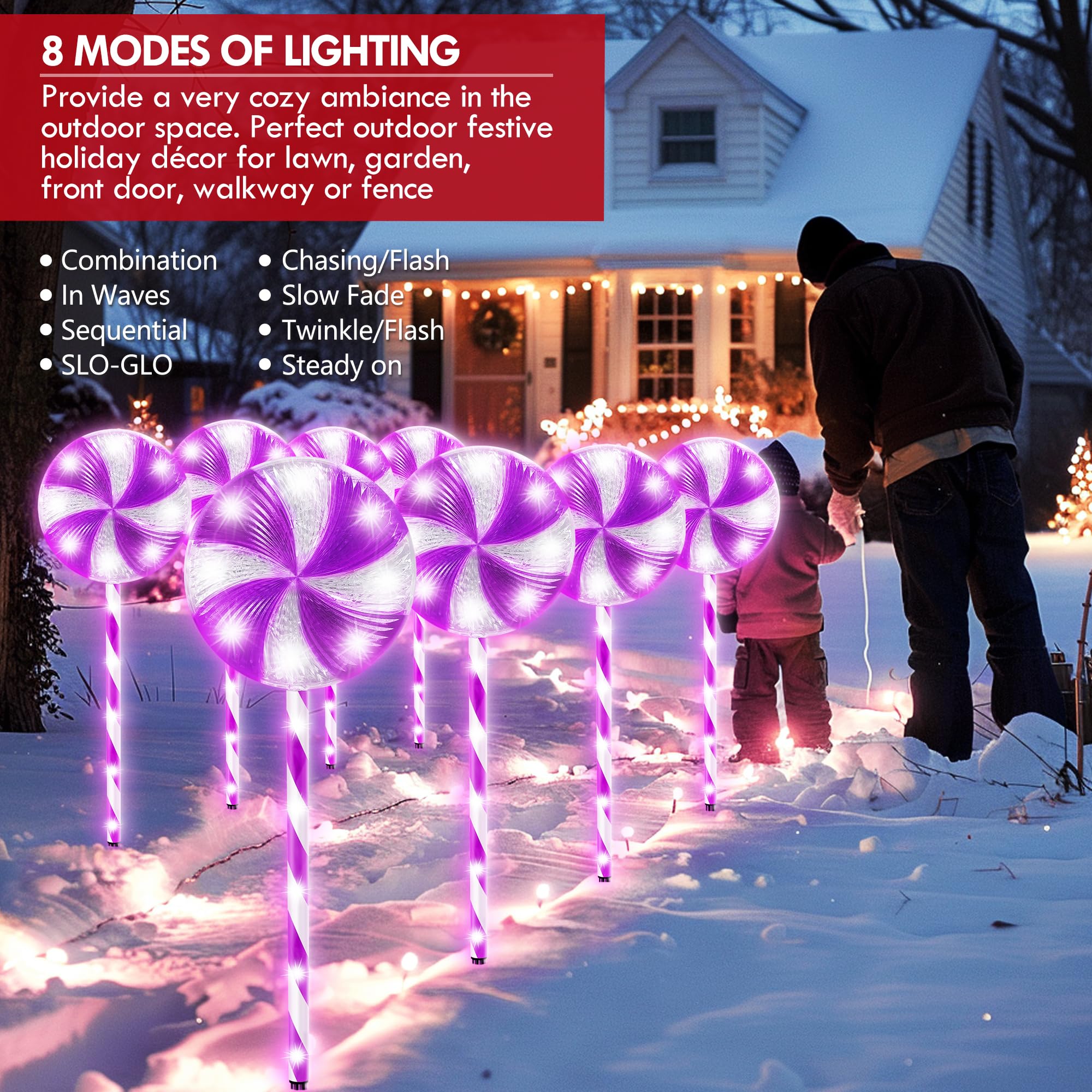VINEROOF 8PK 28inch 8 Modes Christmas Lollipop Light for Outdoor Decorations Flashing Pathway Lights (Purple)