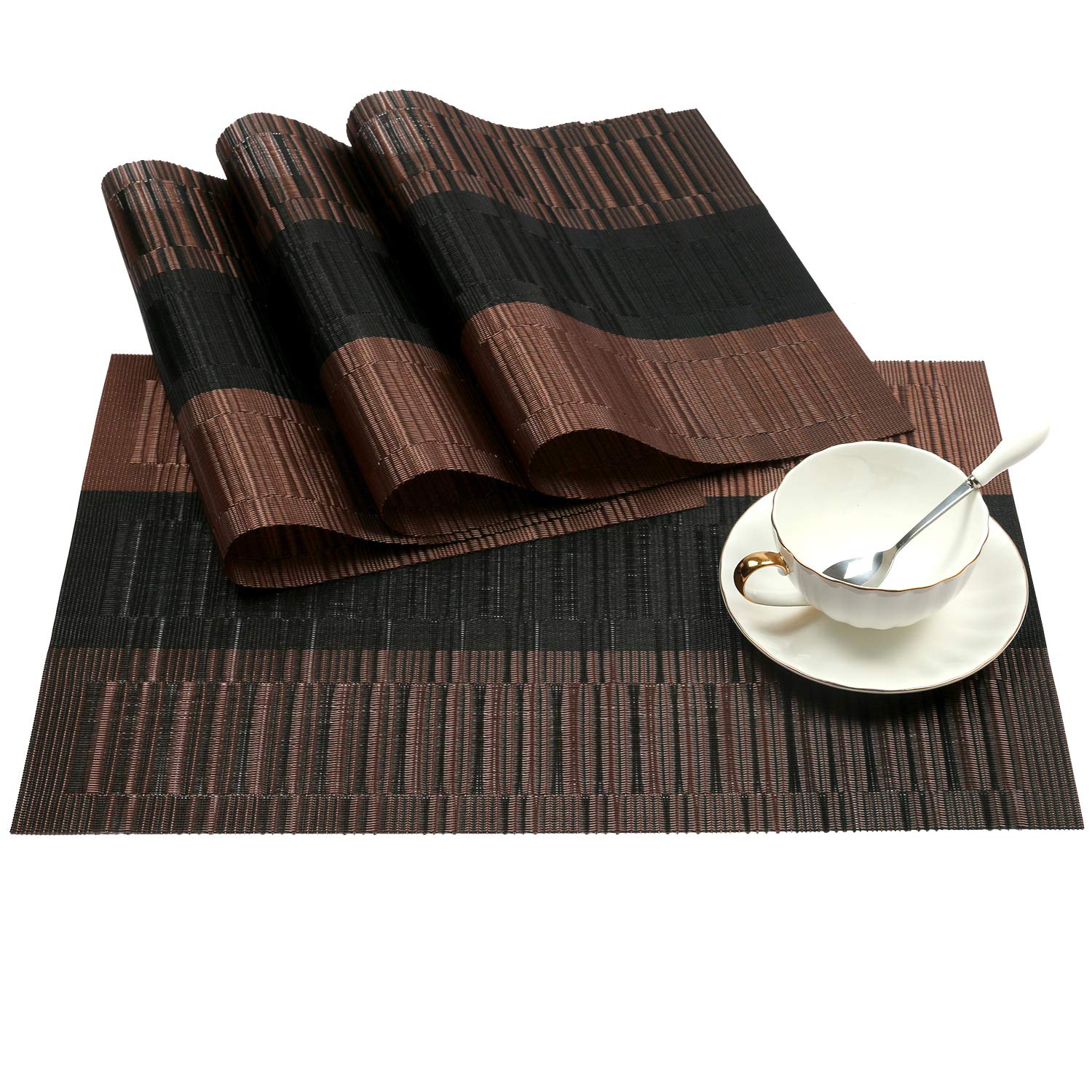 SHAcOS Placemats Set of 4 Woven Vinyl Table Mats Place Mats for Dining Table Heat Resistant Wipe clean (4, Ombre coffee Black)