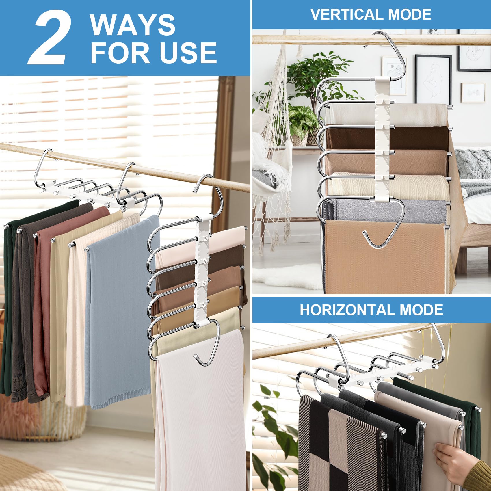 Upgrade 6 Layers Pants Hangers Space Saving, 2 Pack Non Slip Stainless Steel Multifunctional Pants Rack S-Type Pant Closet Hange