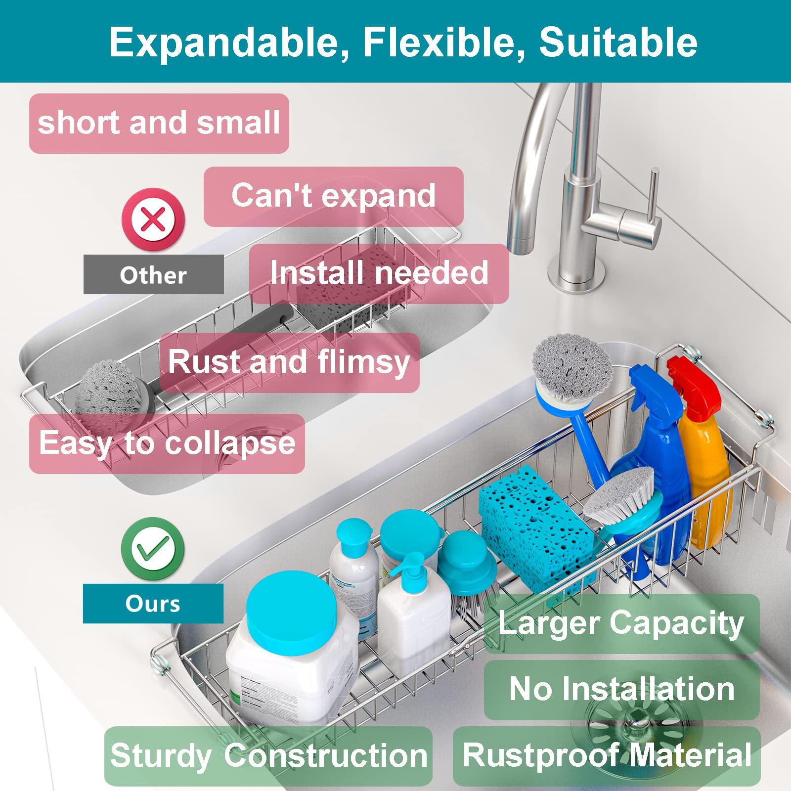 Favothings Over The Kitchen Sink Caddy Sponge Holder Organizer Drying Rack Expandable For Sponge Brush Soap Dish Cloth Rag 14.5'