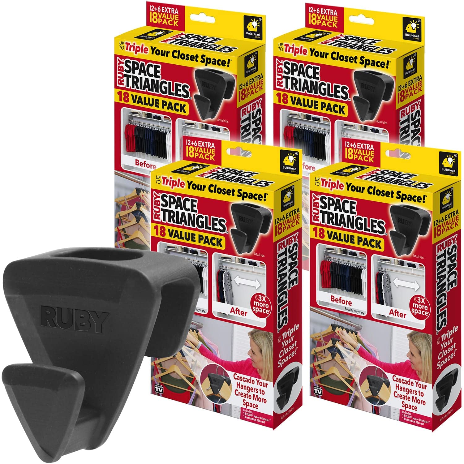 New Ruby Space Triangles, 4 Pack, As-Seen-On-Tv Ultra- Premium Hanger Hooks Triple Closet Space 72 Pc Value Pack, Black