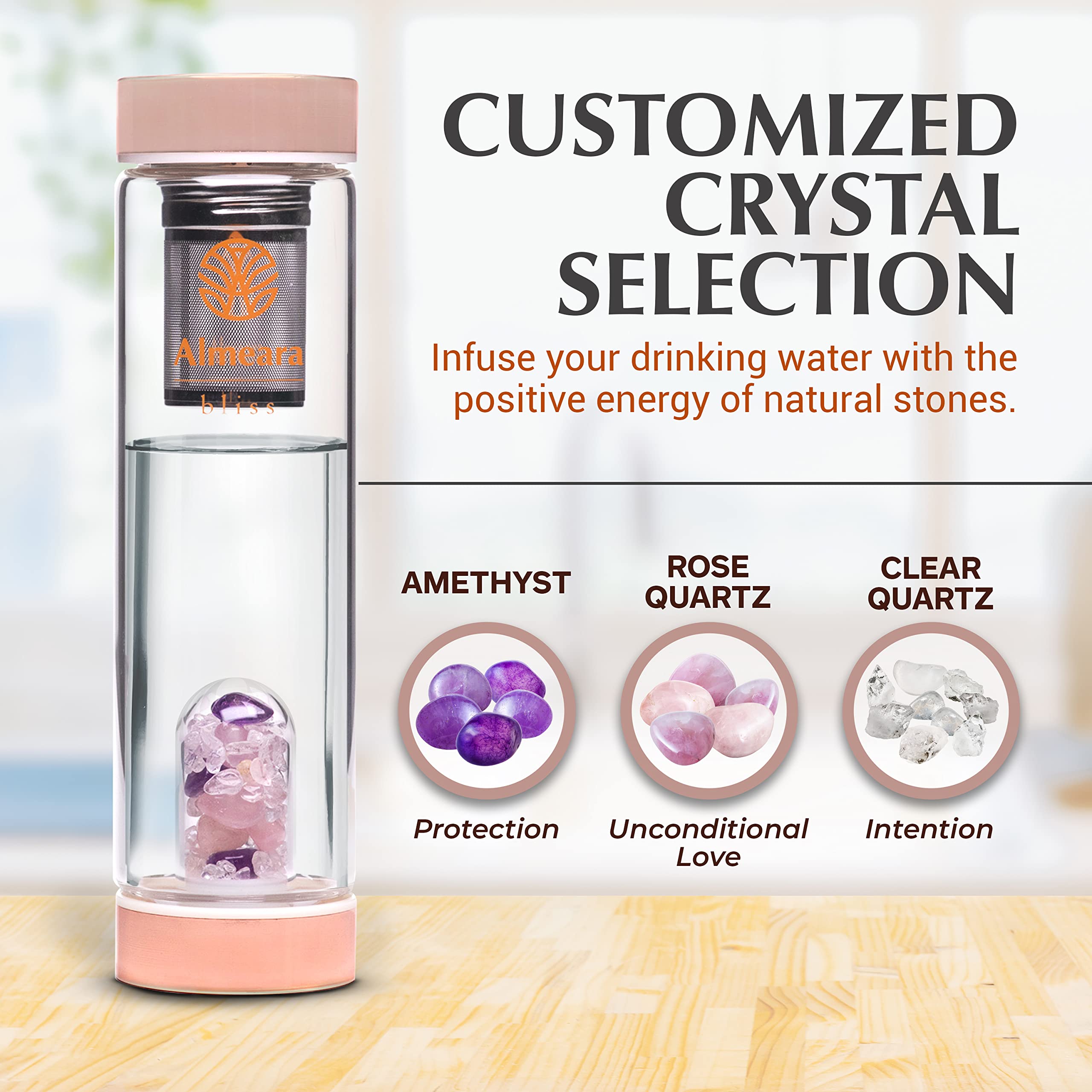Almeara Crystal Water Bottle | Amethyst, Rose Quartz & Clear Quartz Crystals | Authentic Gemstones - Loose Leaf Tea Infuser - Ge