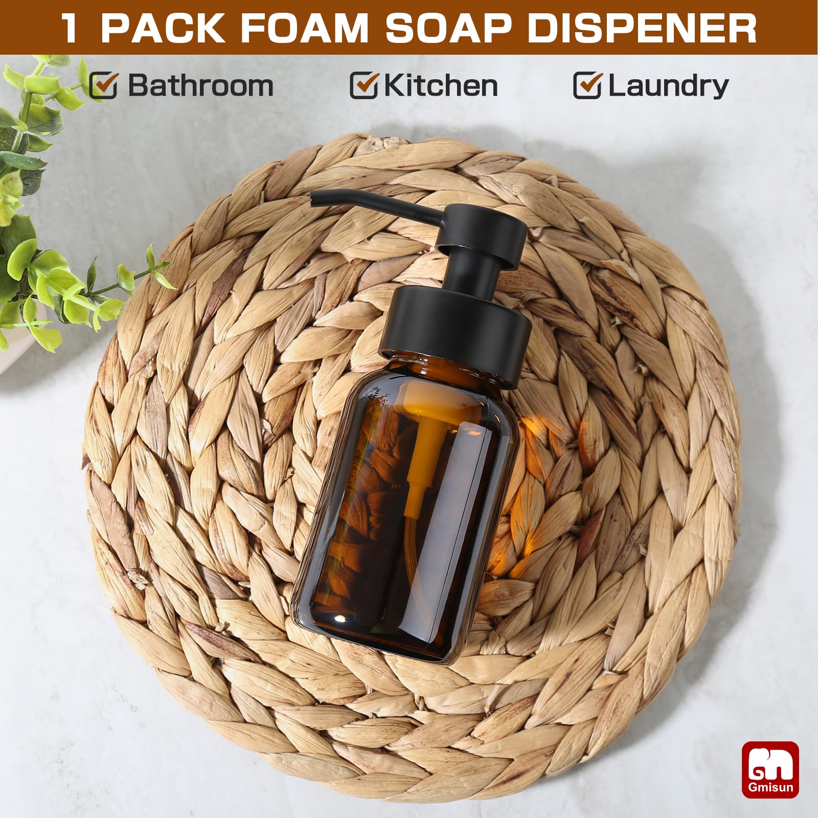 Gmisun Foam Soap Dispenser, 8.5 Oz Amber Glass Foaming Soap Dispenser For Bathroom & Kitchen, Modern Refillable Foaming Hand Soa