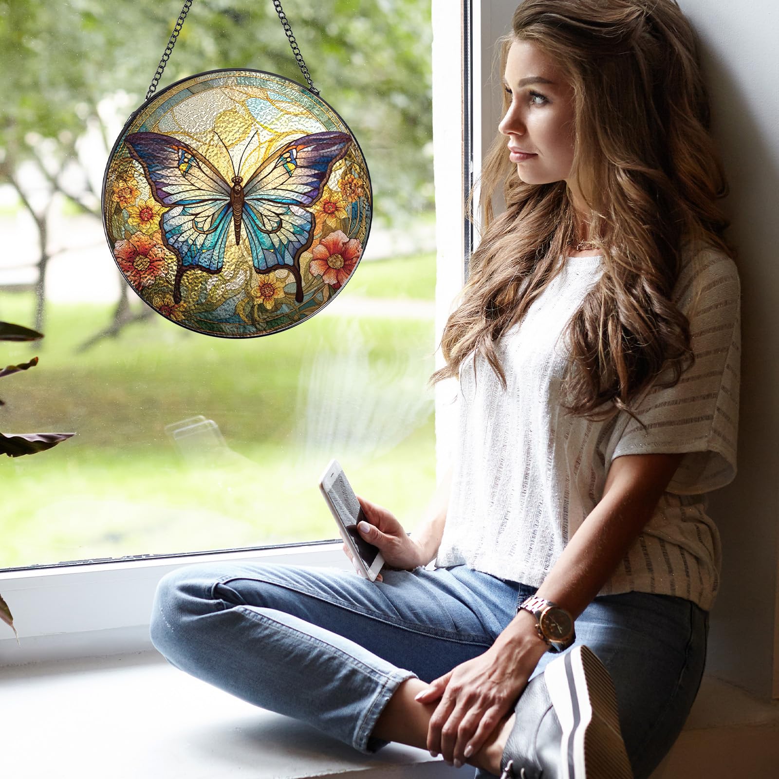 Rngmsi Butterfly Stained Glass Window Hanging Decor, 7.8 Sun Catchers Stain Glass Window Hanging Indoor