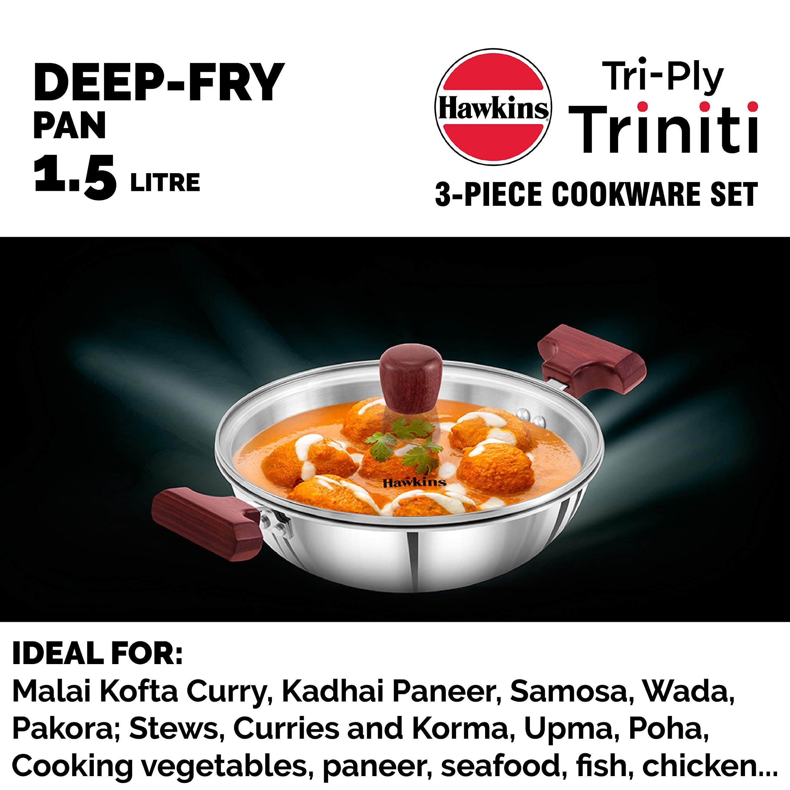 Hawkins Triniti 3 Pieces Triply Stainless Steel Cookware Set 2 - Frying Pan, Tava, Deep-Fry Pan with Glass Lid, Silver (SSET2)