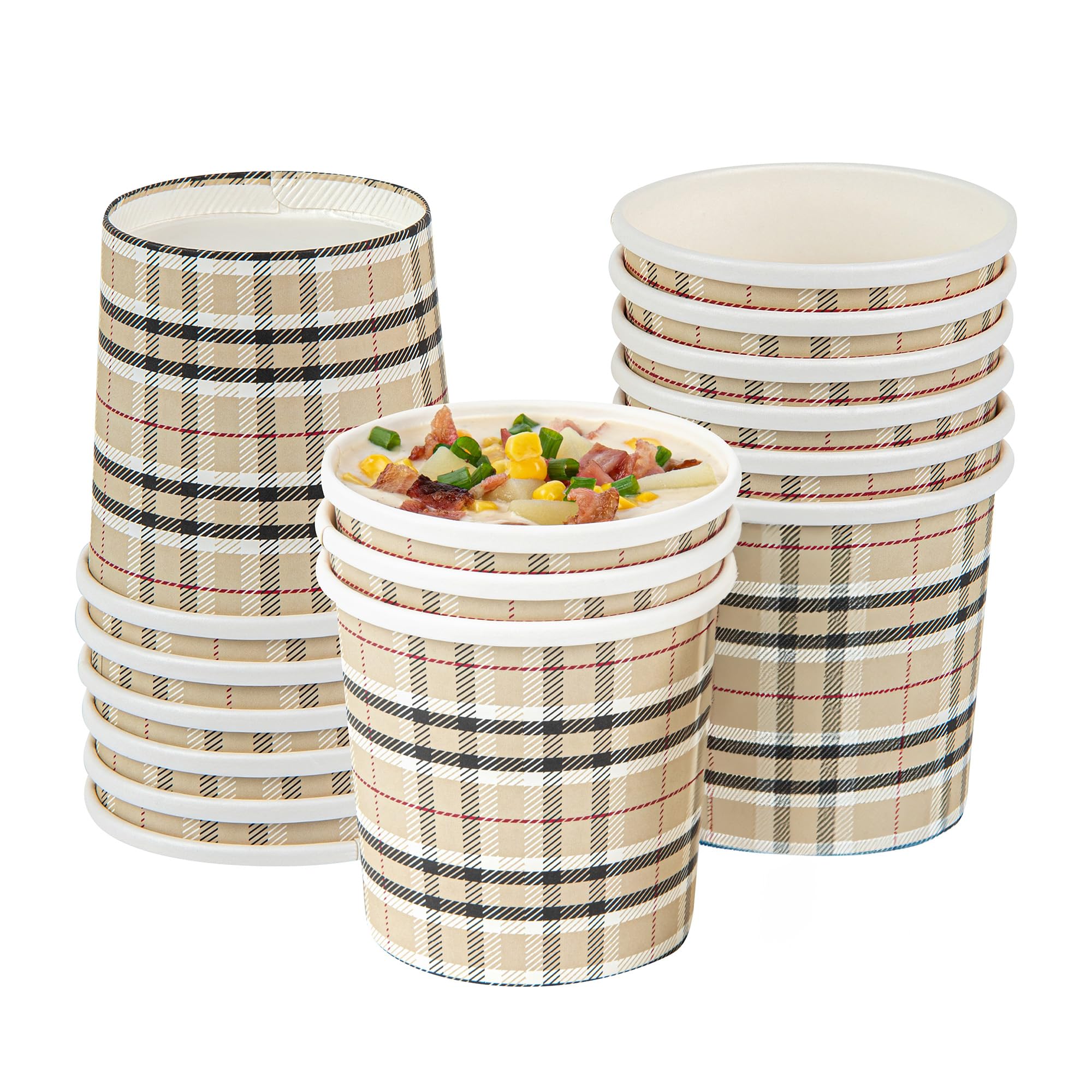Restaurantware Bio Tek 12 Ounce Soup Containers, 50 Durable Soup Bowls - Disposable, Sustainable, Plaid Print Paper Soup Cups, R